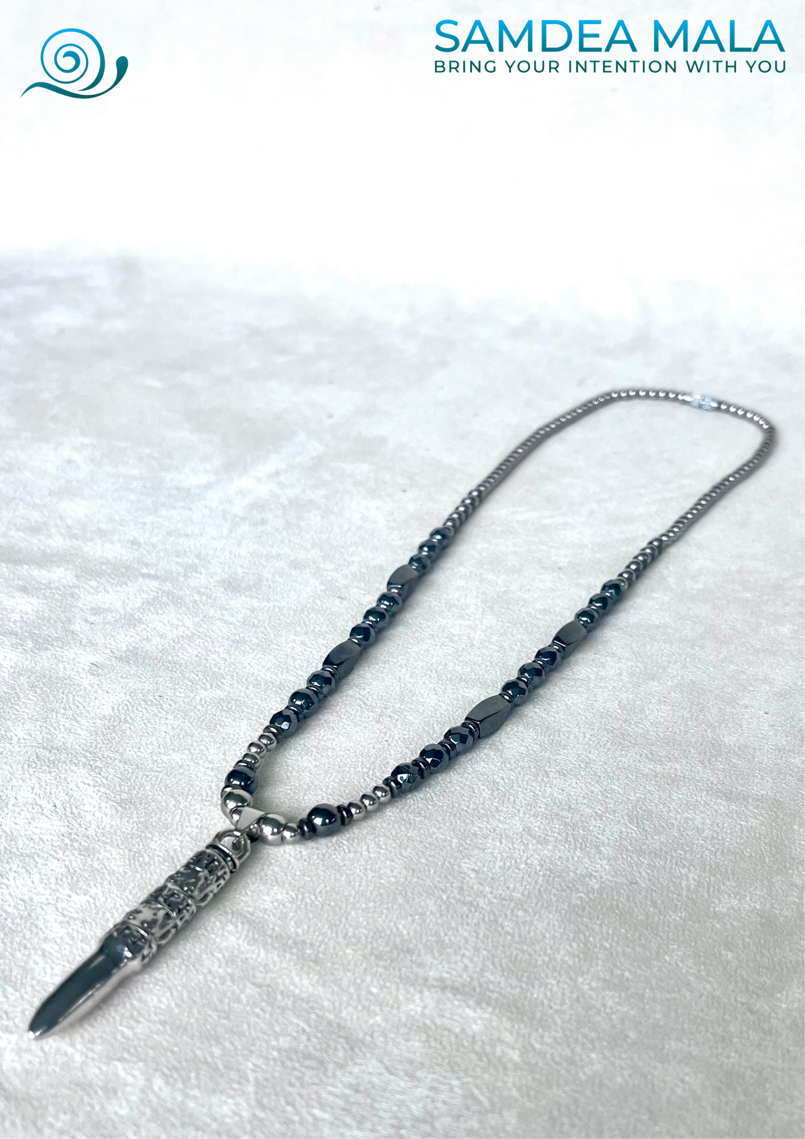 Men’s necklace with Om Mani Padme Hum mantra, steel and hematite for strenght