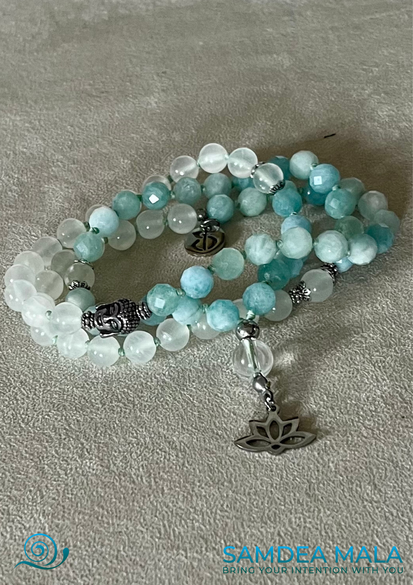 Custom aquamarine mala beads for meditation, with selenite and  small lotus charm. With Buddha bead.