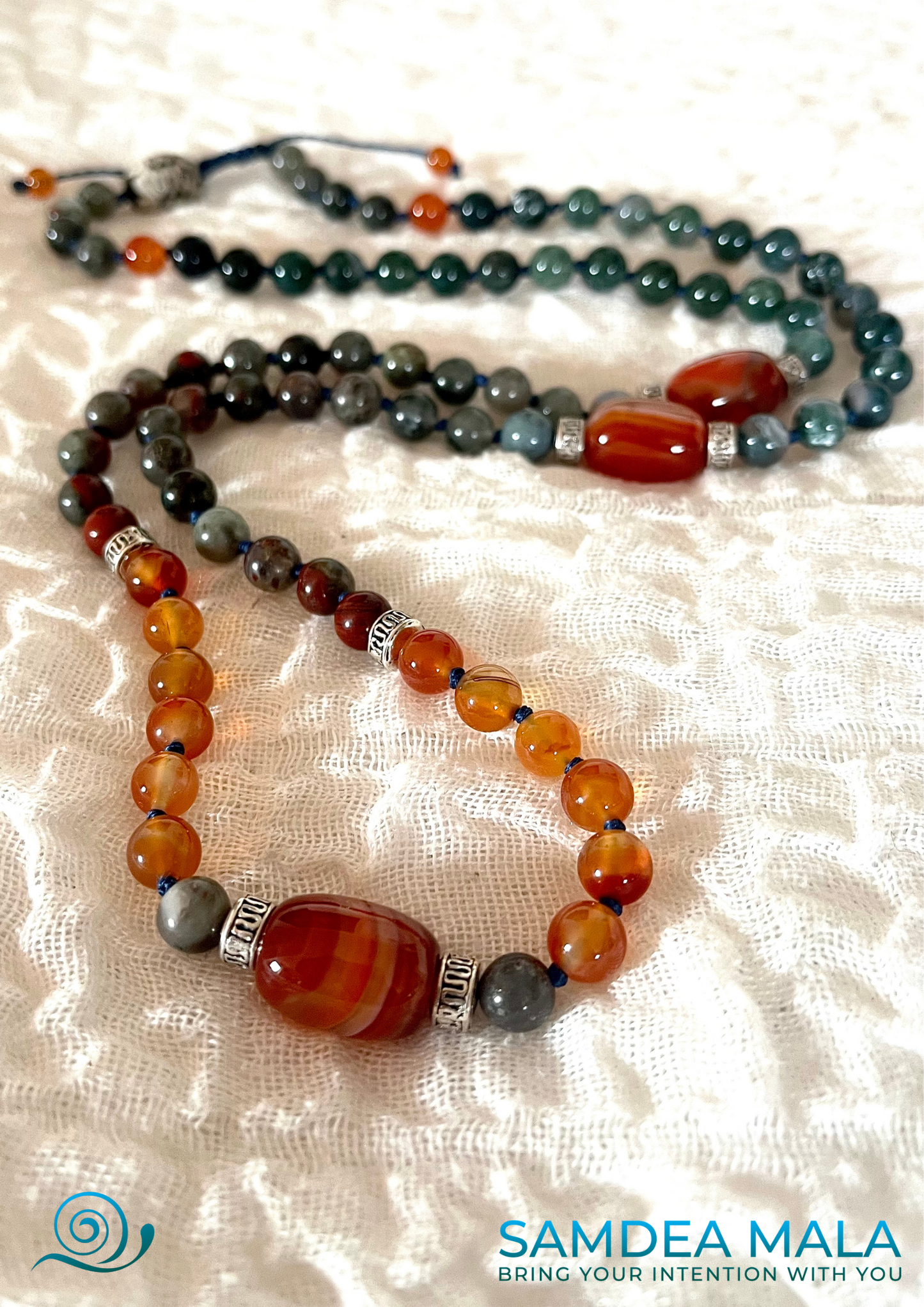 Personalize your half mala and wrap bracelet with Red Agate and Moss Agate, featuring a stunning central Sardonyx Agate gemstone.
