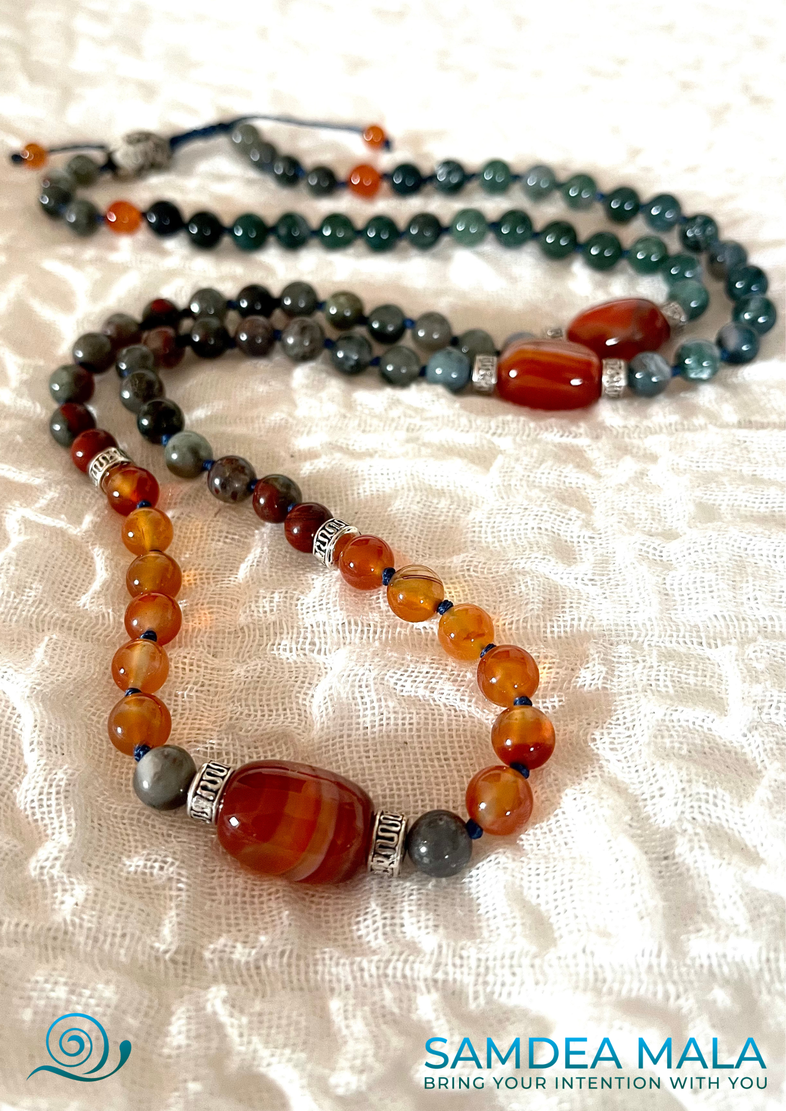 Personalize your half mala and wrap bracelet with Red Agate and Moss Agate, featuring a stunning central Sardonyx Agate gemstone.