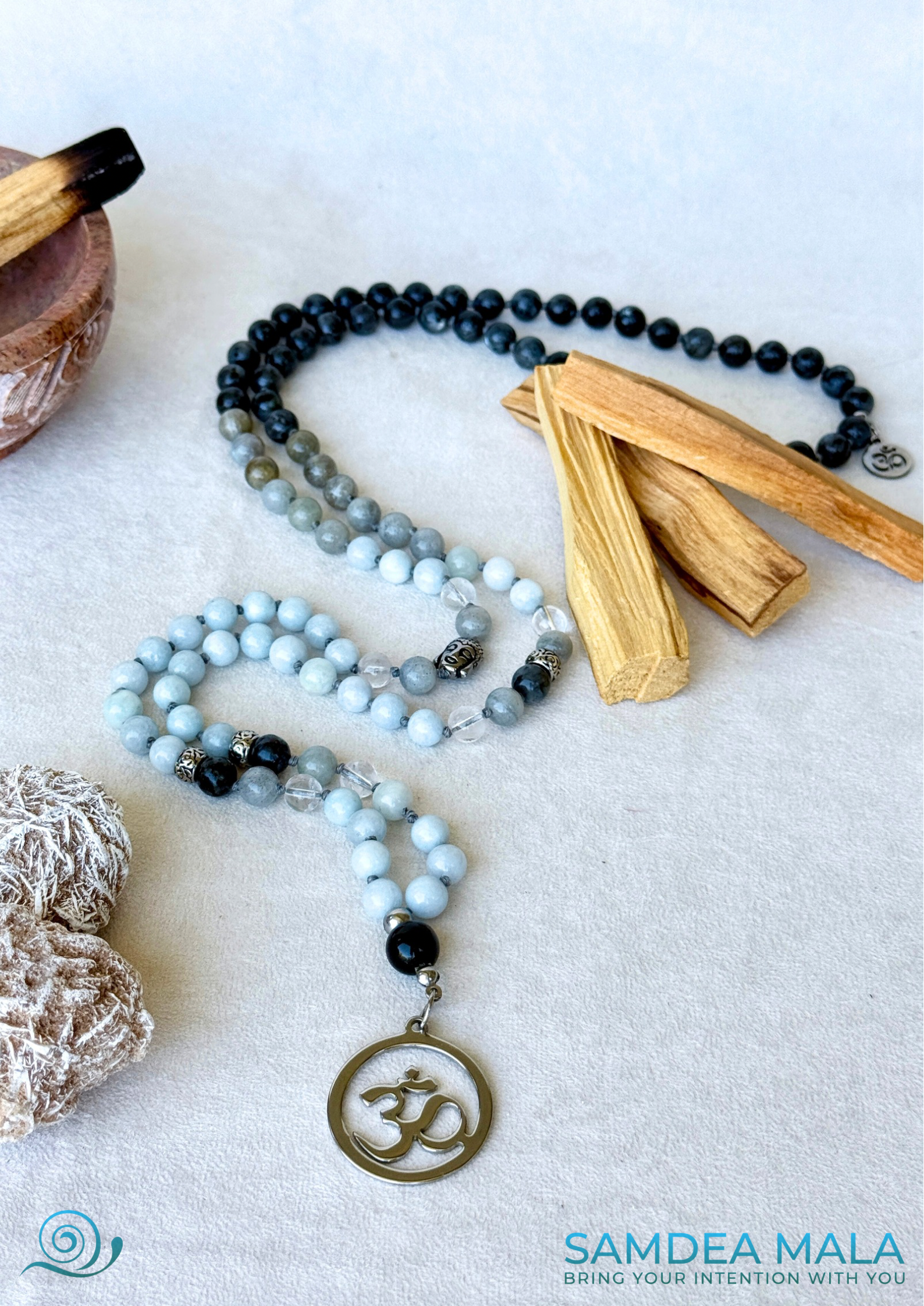 Mala for Creativity and Vision – Aquamarine and Labradorite | Hand Knotted 108 Beads for Meditation & Inner Transformation - Samdea Mala
