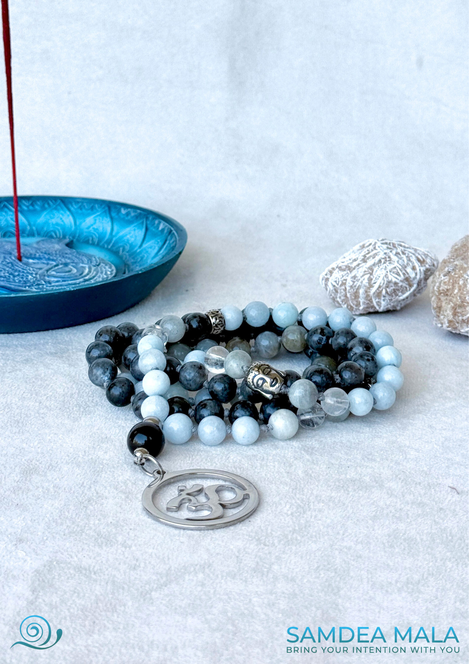 Mala for Creativity and Vision – Aquamarine and Labradorite | Hand Knotted 108 Beads for Meditation & Inner Transformation - Samdea Mala
