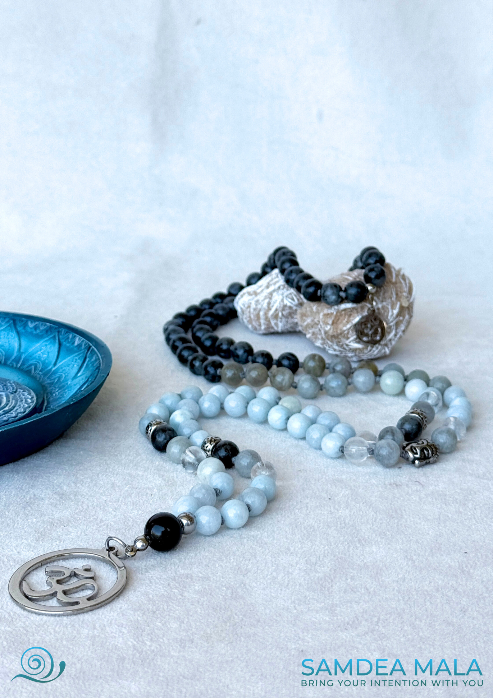 Mala for Creativity and Vision – Aquamarine and Labradorite | Hand Knotted 108 Beads for Meditation & Inner Transformation - Samdea Mala