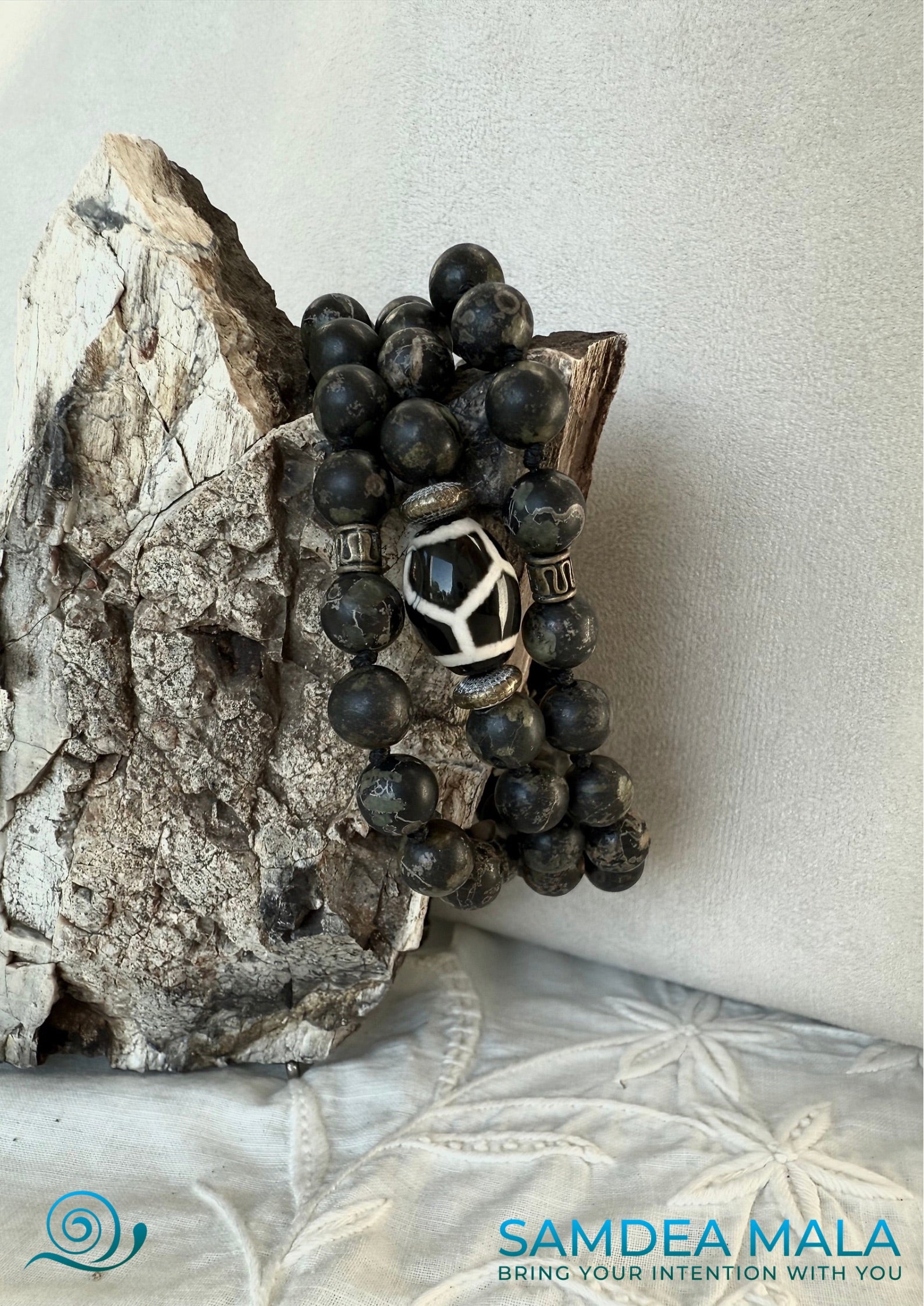 Half Mala and Wrap Bracelet in Natural Plum Blossom Jade – Custom Gemstone Mala Beads Necklace - meditation bracelet, intention bracelets, custom mala, tibetan wrist mala, energy crystals bracelets, spiritual mala, bracelets with crystals, custom mala bracelet, natural gemstones bracelets - Samdea Mala