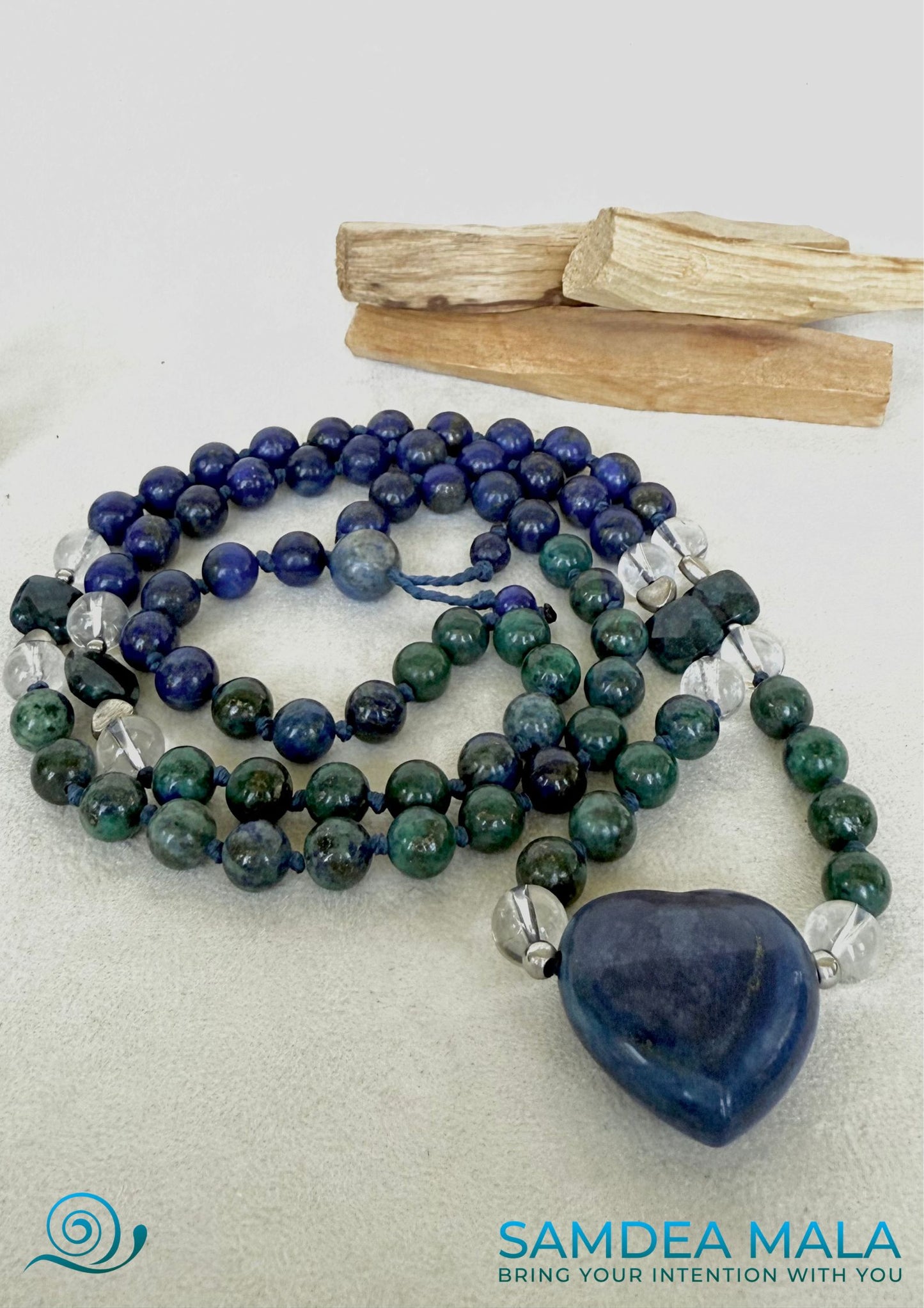 Samdea Mala in chrysocolla, lapis lazuli and quartz with heart-shaped Meru, Mala beads for intention setting and emotional clarity and improve communication.