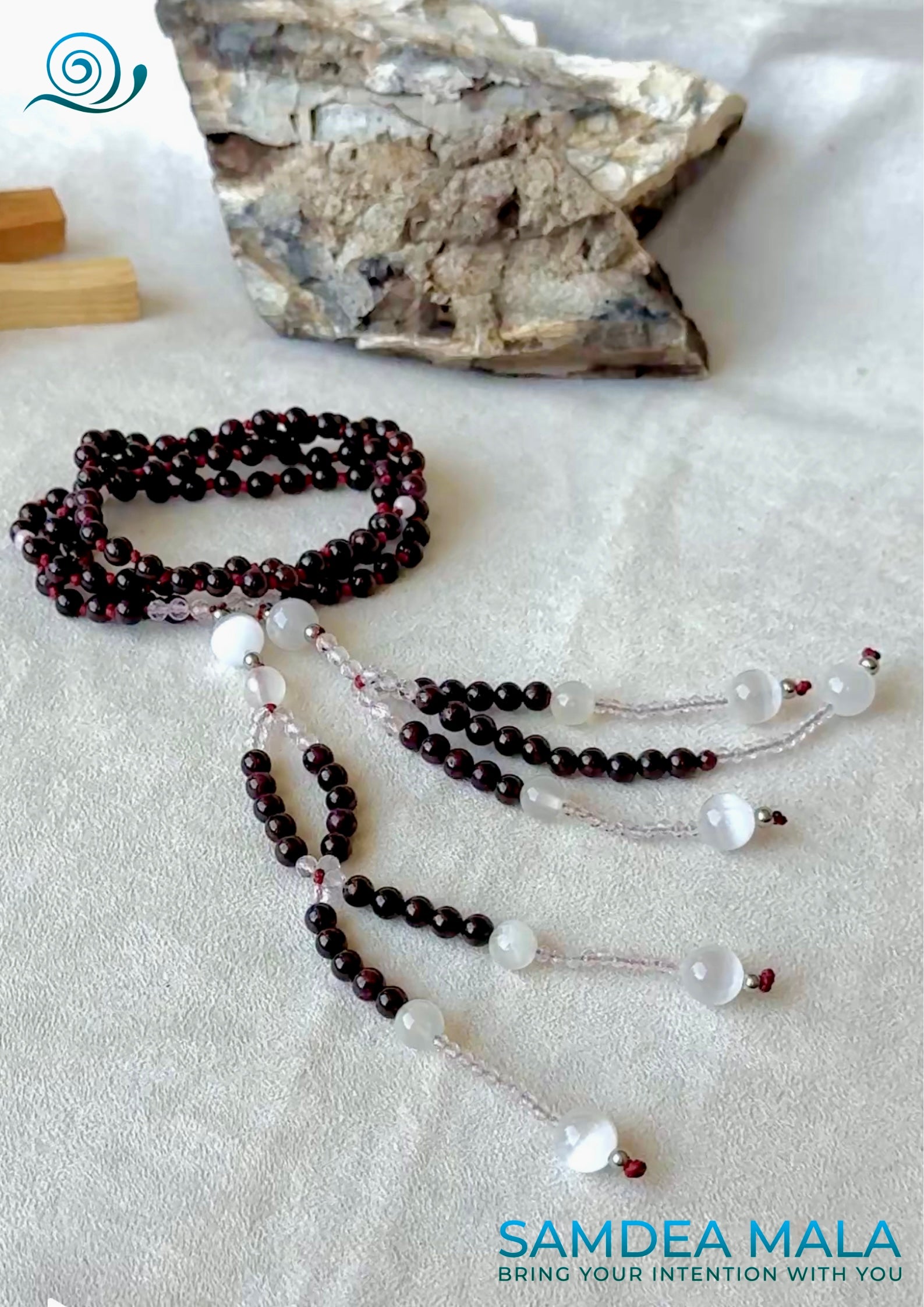 Garnet Nichiren Juzu with Clear Quartz and Selenite – Buddhist Prayer Beads for Strength, Light, and Devotion - Samdea Mala