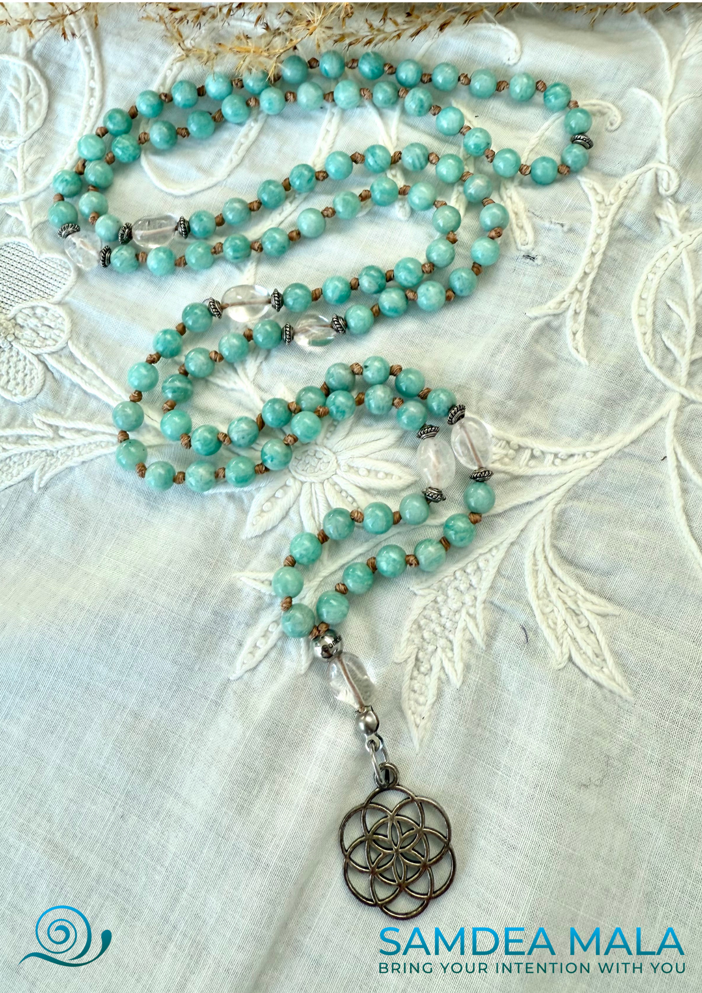Amazonite Mala Beads Necklace Handmade – Mini Mala with Clear Quartz & Seed of Life Pendant - meditation bracelet, intention bracelets, custom mala, tibetan wrist mala, energy crystals bracelets, spiritual mala, bracelets with crystals, custom mala bracelet, natural gemstones bracelets - Samdea Mala