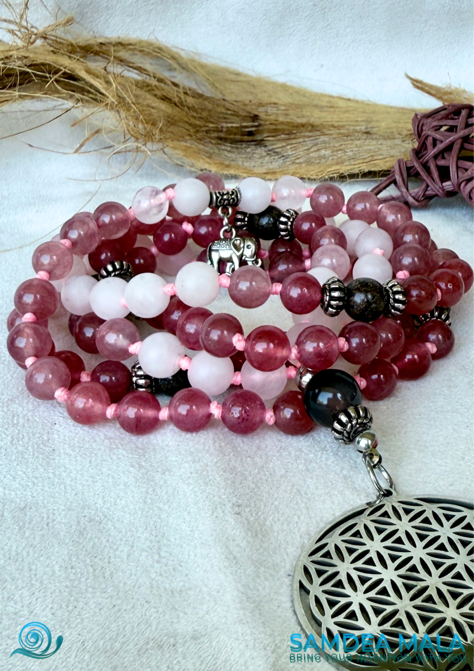 Rose Quartz Mala for Meditation – 108 Bead Mala for Self-Love, Healing and Emotional Balance | Brown Obsidian for Grounding - Samdea Mala