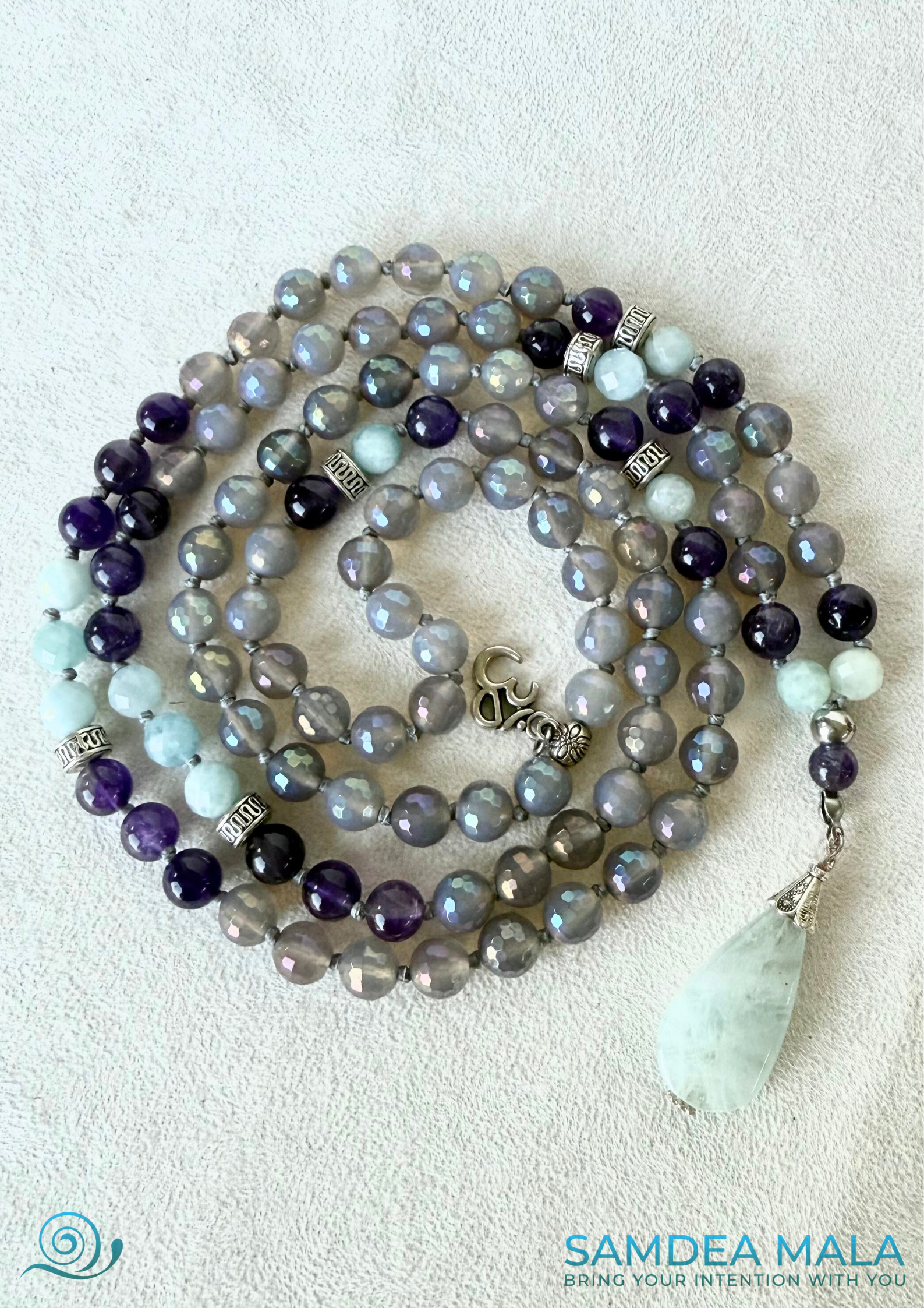 Spiritual Mala in Gray Agate, Amethyst and Aquamarine | 108 Beads | OM Charm + Aquamarine Pendant - Samdea Mala
