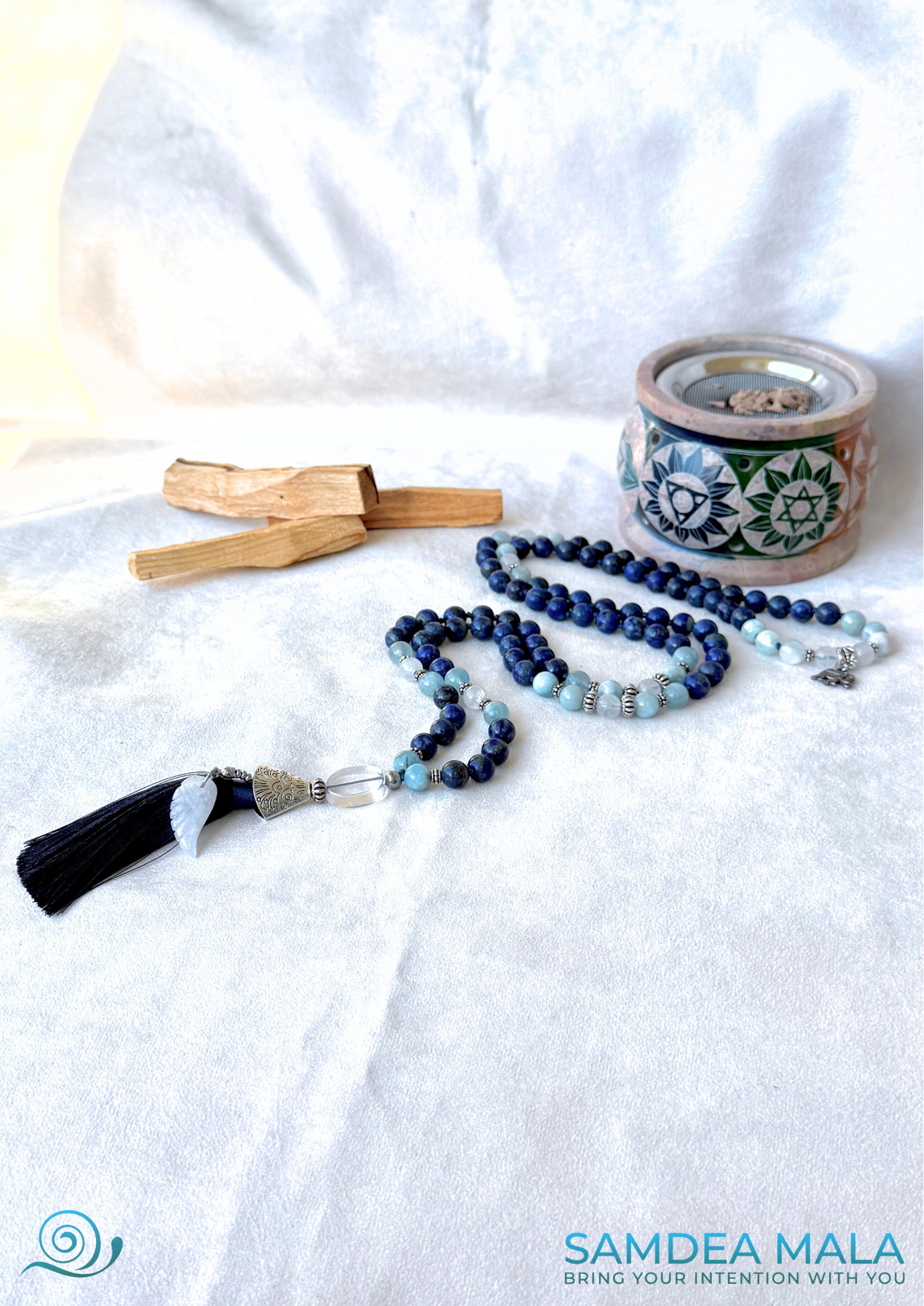 Mala Beads Necklace in Lapis Lazuli, White Jade & Aquamarine – Meditation Mala for Clarity, Wisdom & Self-Expression - Samdea Mala