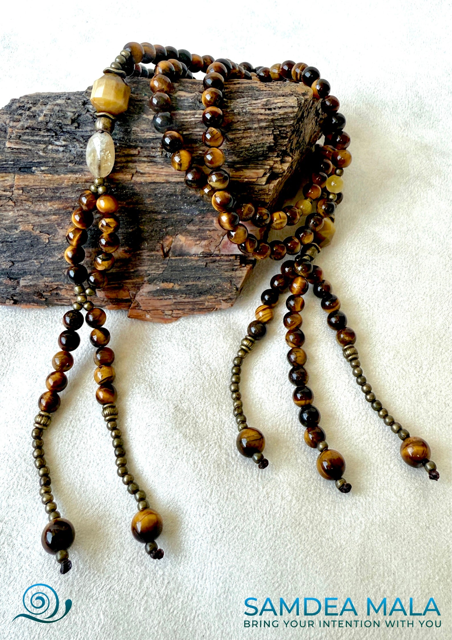Tiger’s Eye Juzu on petrified wood – Japanese Buddhist Prayer Beads with Citrine Enlightenment Bead for Strength and Clarity. tiger eye juzu, citrine quartz, buddhist beads, japanese juzu, juzu for men, nichiren rosary, tiger eye mala, protection beads, clarity jewelry, chanting beads, spiritual gift, juzu bracelet, citrine healing, zen prayer beads, 108 juzu, enlightenment bead, grounding stone, sacred mantra, buddhist rosary, lotus sutra