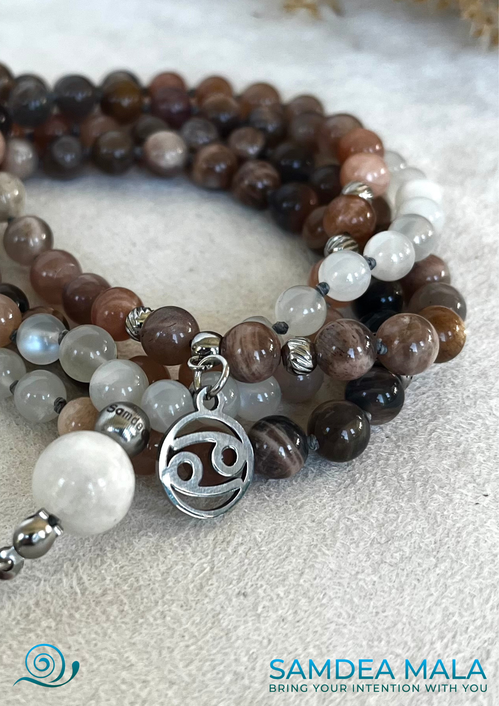 Mala Beads Necklace Handmade – Cancer Mala with Moonstone for Emotional Balance and Intuition - meditation bracelet, intention bracelets, custom mala, tibetan wrist mala, energy crystals bracelets, spiritual mala, bracelets with crystals, custom mala bracelet, natural gemstones bracelets - Samdea Mala