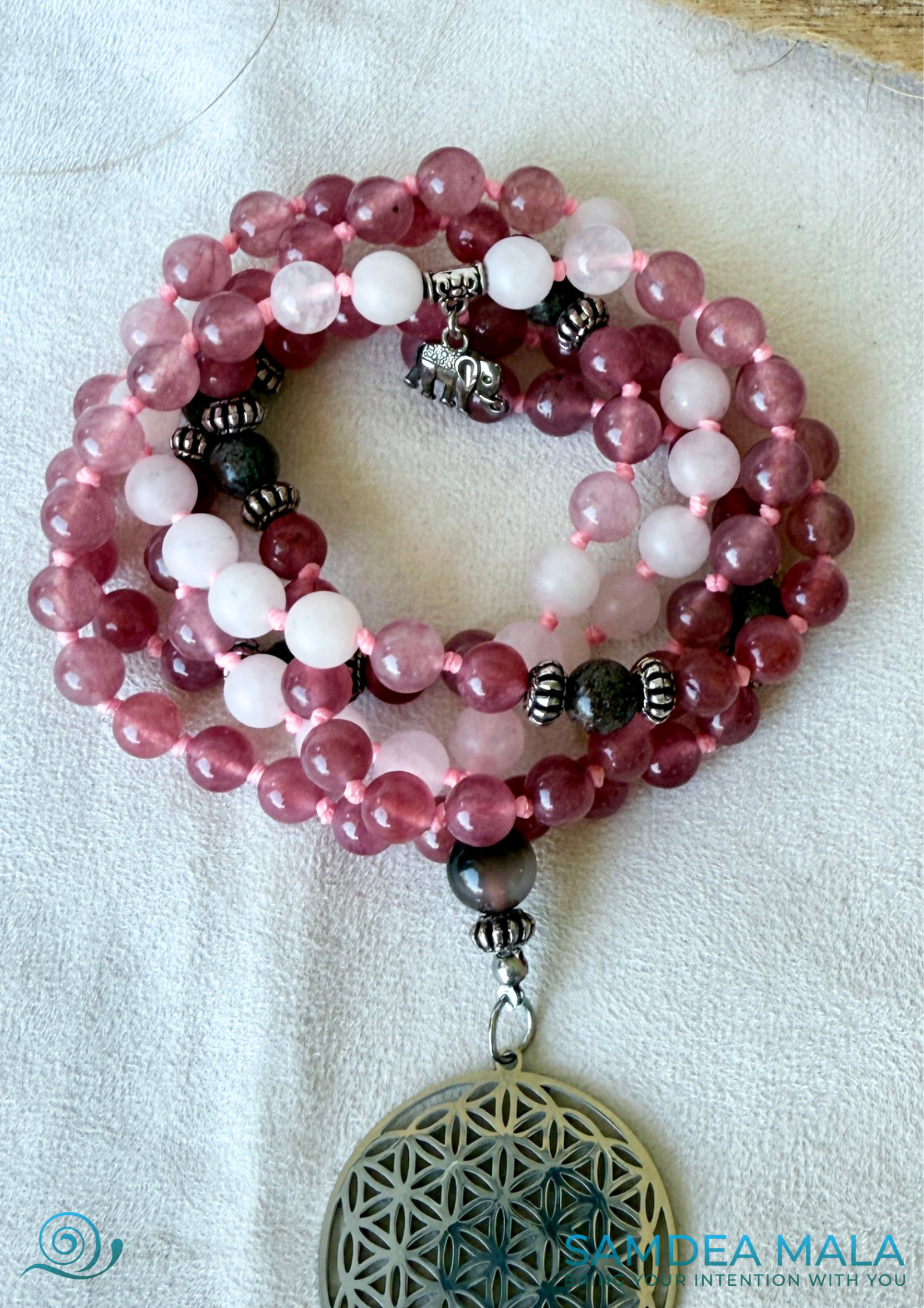 Rose Quartz Mala for Meditation – 108 Bead Mala for Self-Love, Healing and Emotional Balance | Brown Obsidian for Grounding - Samdea Mala