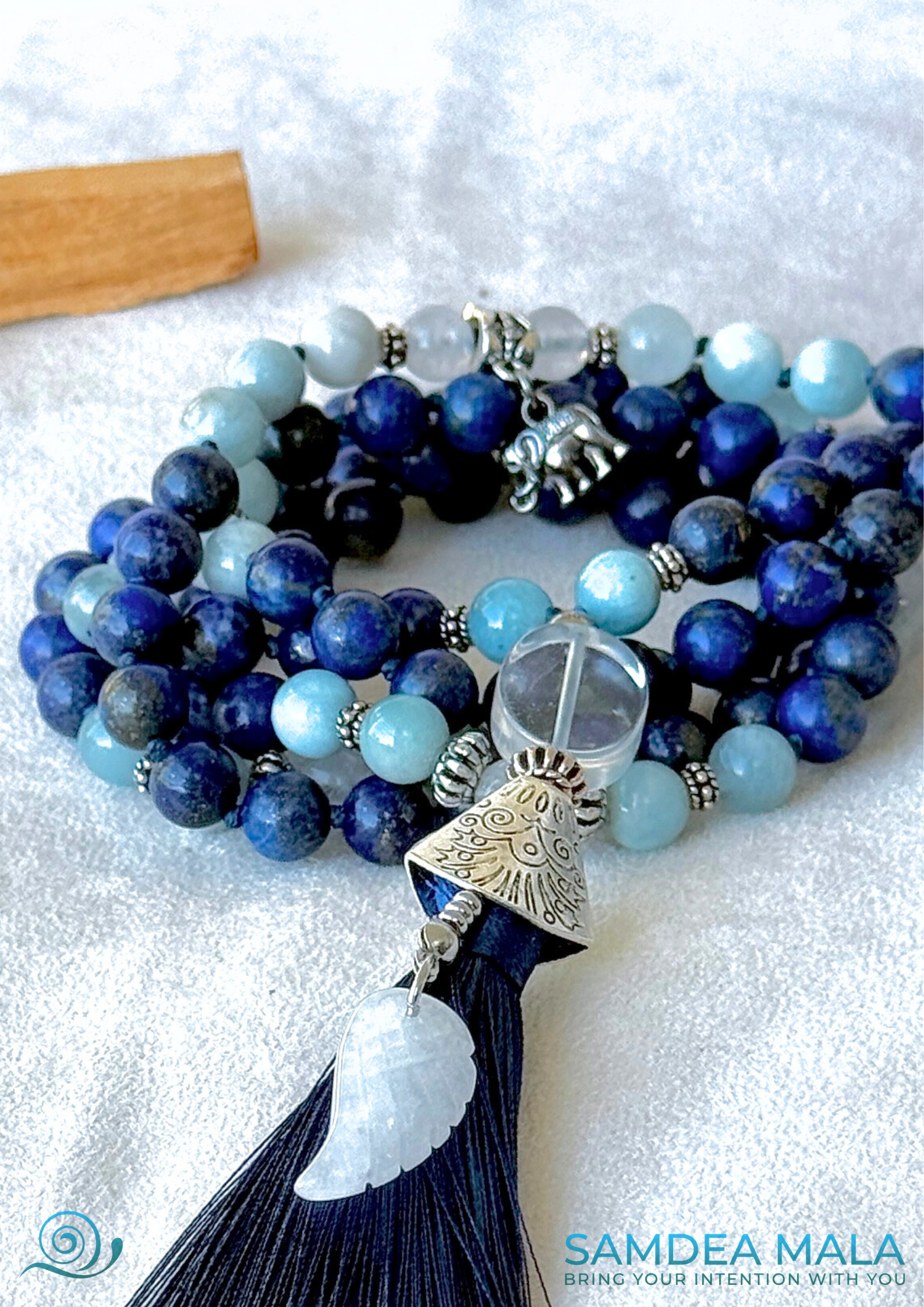 Mala Beads Necklace in Lapis Lazuli, White Jade & Aquamarine – Meditation Mala for Clarity, Wisdom & Self-Expression - Samdea Mala