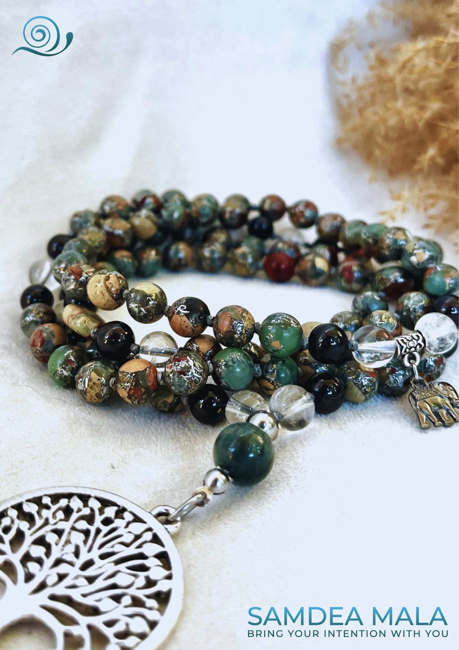 Close-up Samdea Mala – 4 Elements mala with jasper, quartz, garnet, and agate - Aqua, Earth, Air, and Fire - meditation mala, with tree of life pendant and small elephant charm