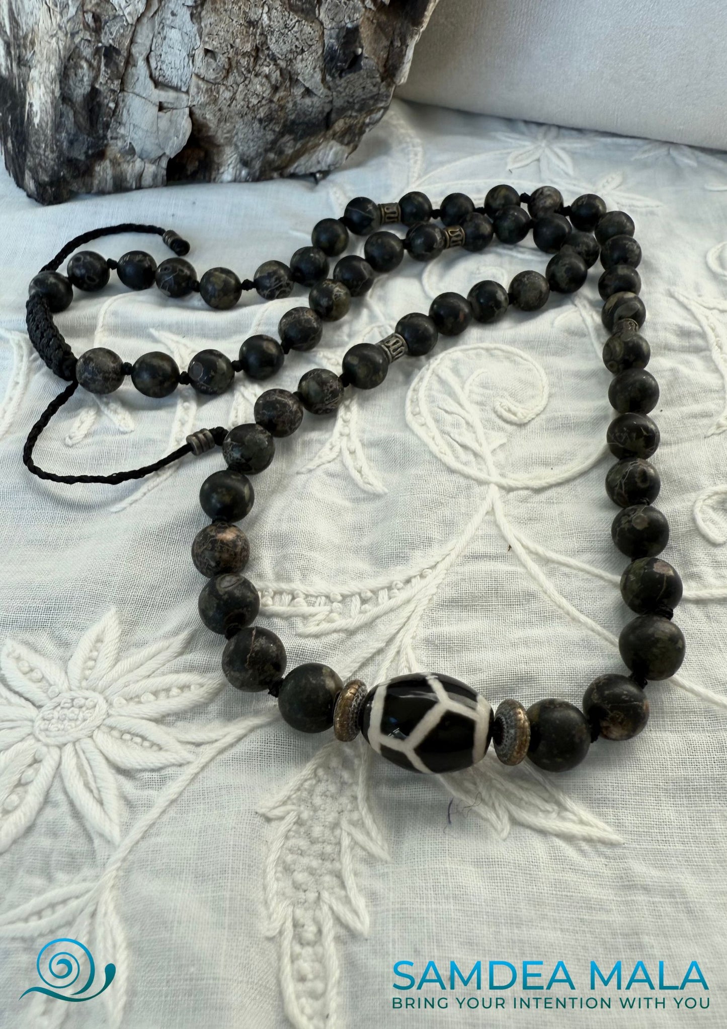 Half Mala and Wrap Bracelet in Natural Plum Blossom Jade – Custom Gemstone Mala Beads Necklace - meditation bracelet, intention bracelets, custom mala, tibetan wrist mala, energy crystals bracelets, spiritual mala, bracelets with crystals, custom mala bracelet, natural gemstones bracelets - Samdea Mala