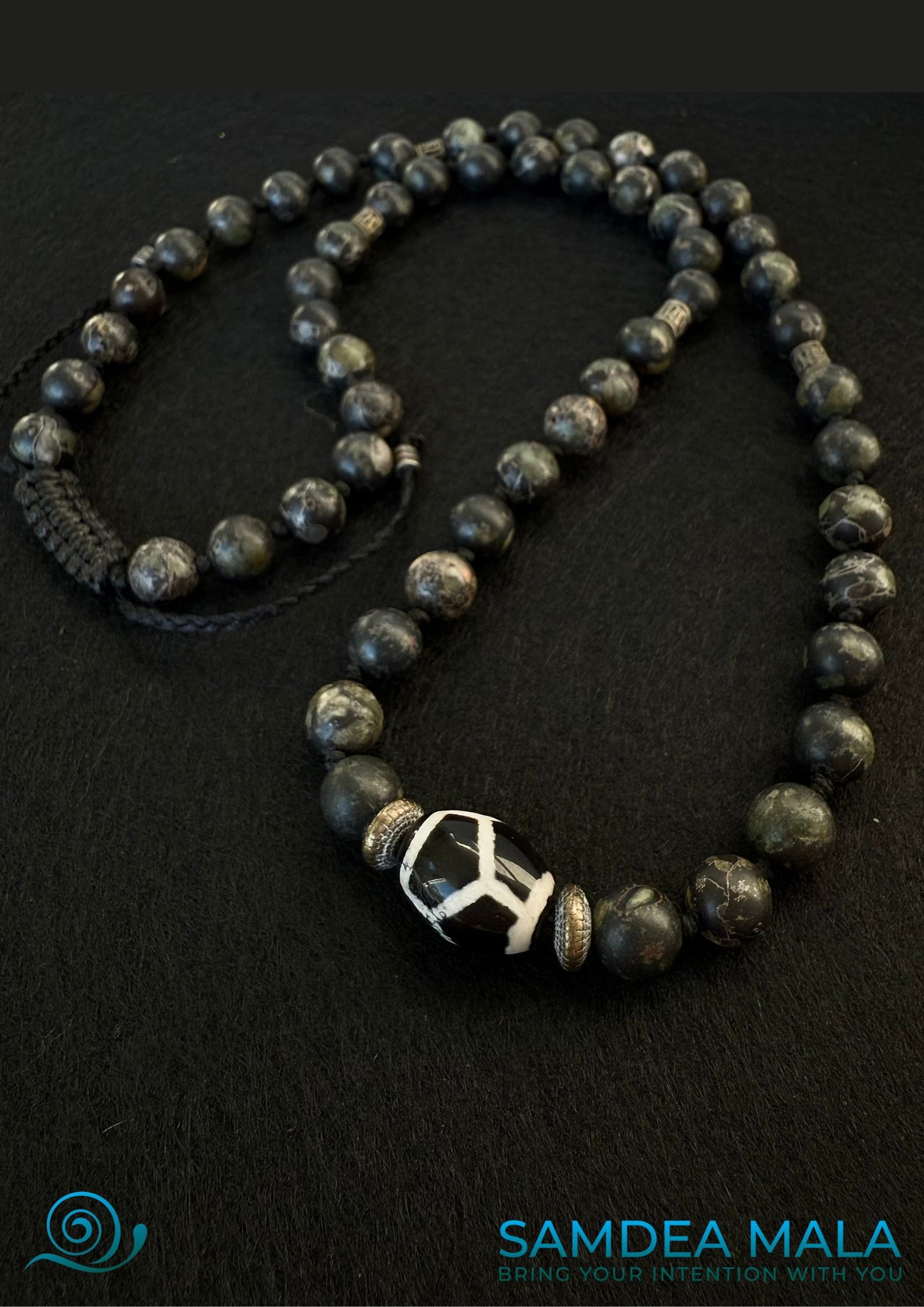 Half Mala and Wrap Bracelet in Natural Plum Blossom Jade – Custom Gemstone Mala Beads Necklace - meditation bracelet, intention bracelets, custom mala, tibetan wrist mala, energy crystals bracelets, spiritual mala, bracelets with crystals, custom mala bracelet, natural gemstones bracelets - Samdea Mala