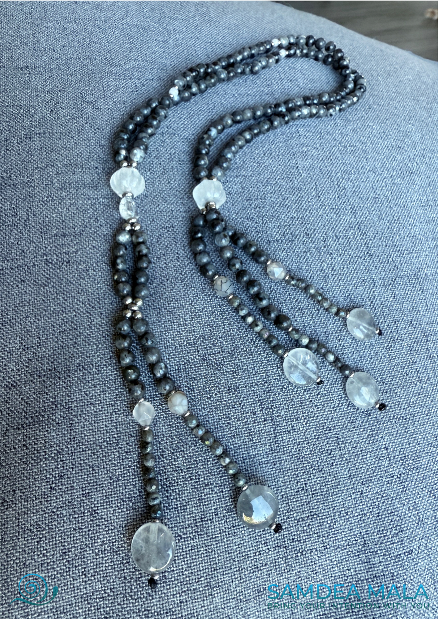 Gray Nichiren Juzu SGI Buddhist Beads — for Daimoku Chanting - Larvikite, Labradorite & Clear Quartz with White Jade Bodhisattva