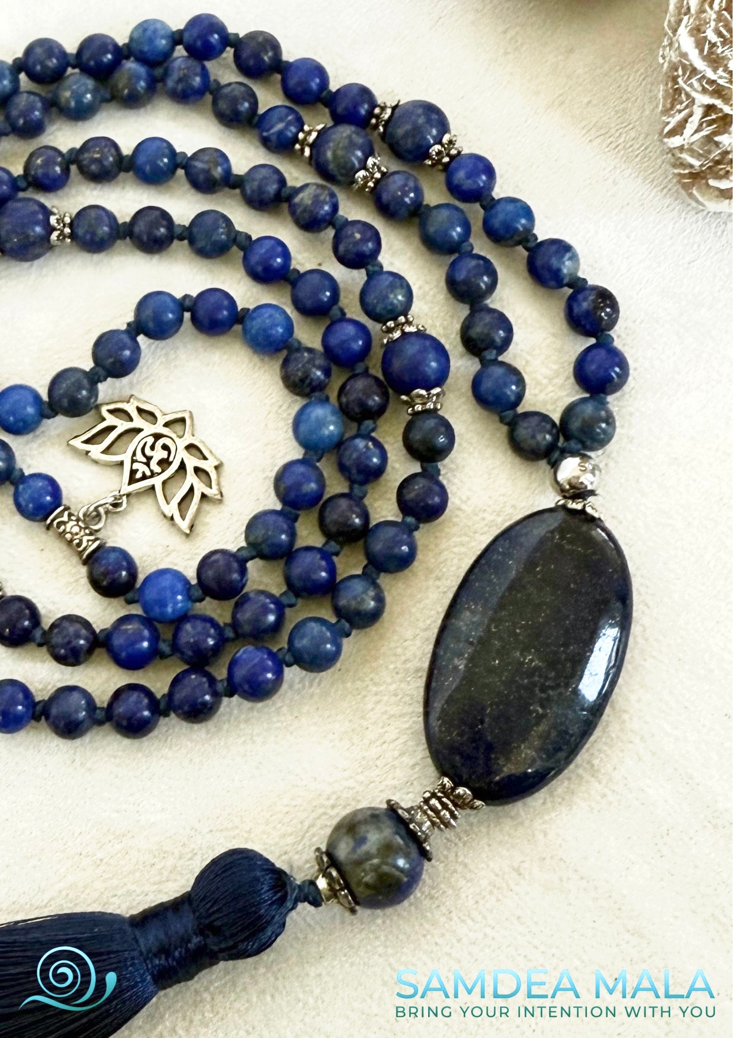 Close-up of Mala in Lapis Lazzuli - custom mala, spiritual mala, custom mala beads, natural gemstones mala - Samdea Mala