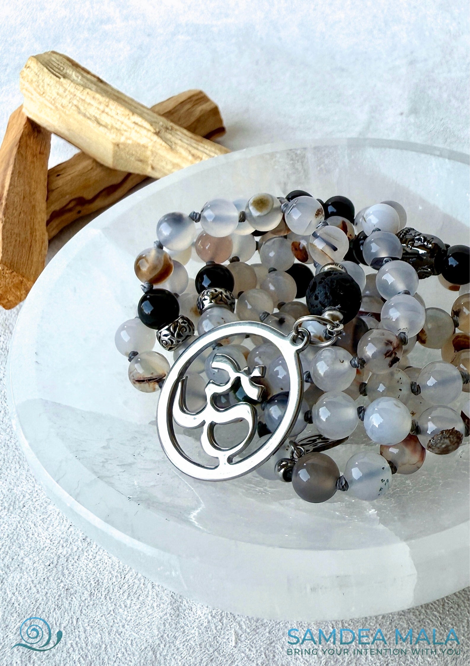 Mala Beads Necklace – Dendritic Agate, Black Tourmaline and Lava Stone Mala for Protection, Balance & Grounding - Samdea Mala