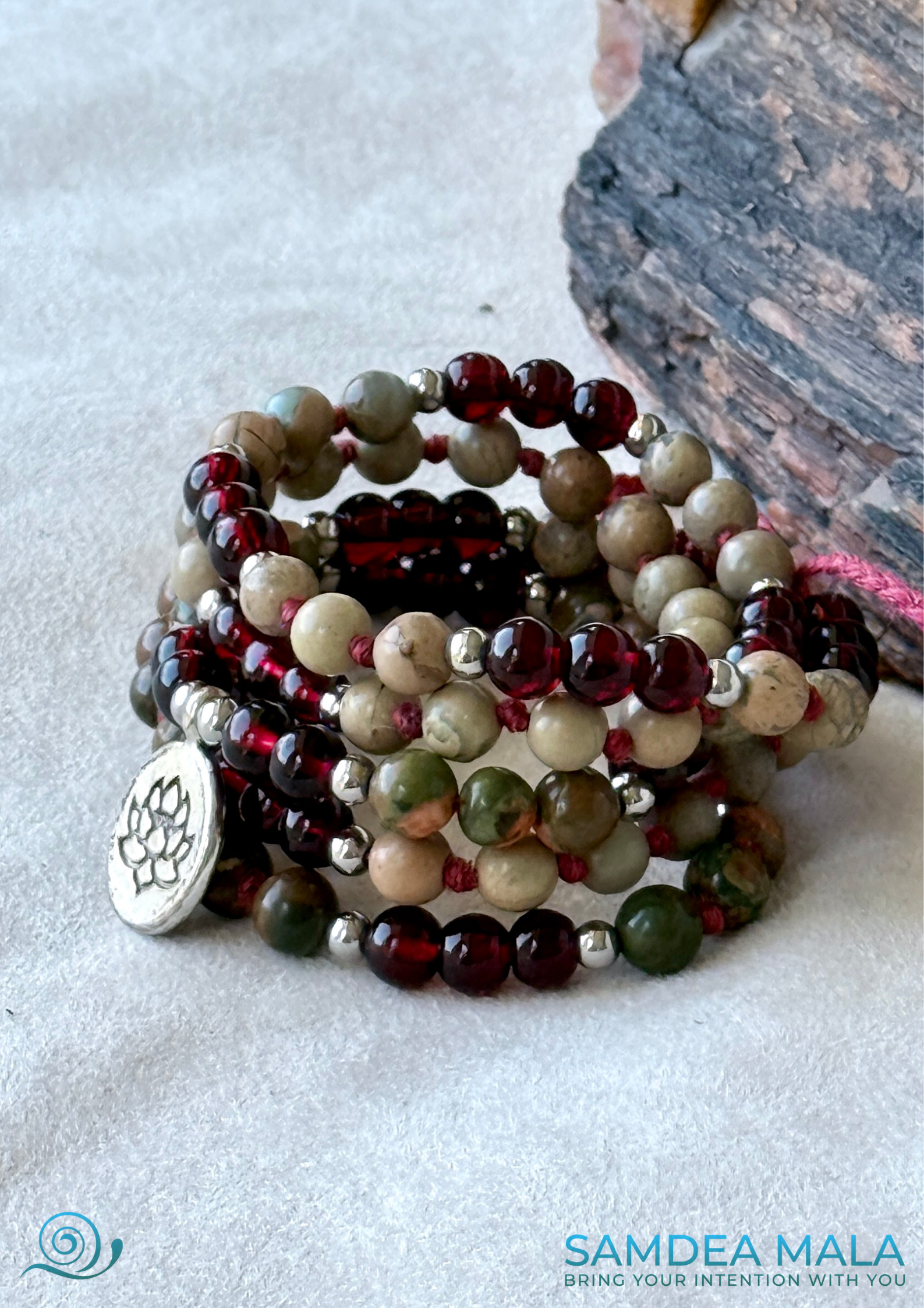 Mini Mala Wrap Bracelet in Aqua Terra Jasper and Garnet – Meditation Jewelry for Harmony and Strength - Samdea Mala