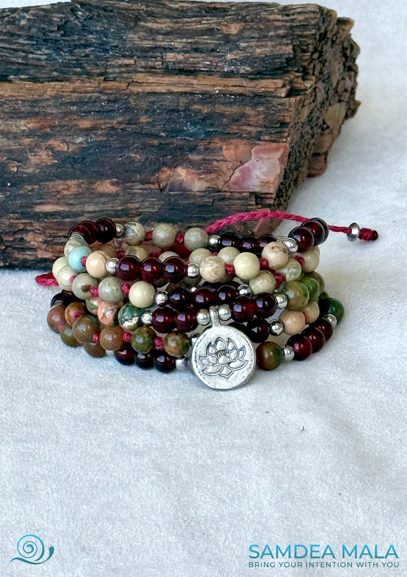 Mini Mala Wrap Bracelet in Aqua Terra Jasper and Garnet – Meditation Jewelry for Harmony and Strength - Samdea Mala