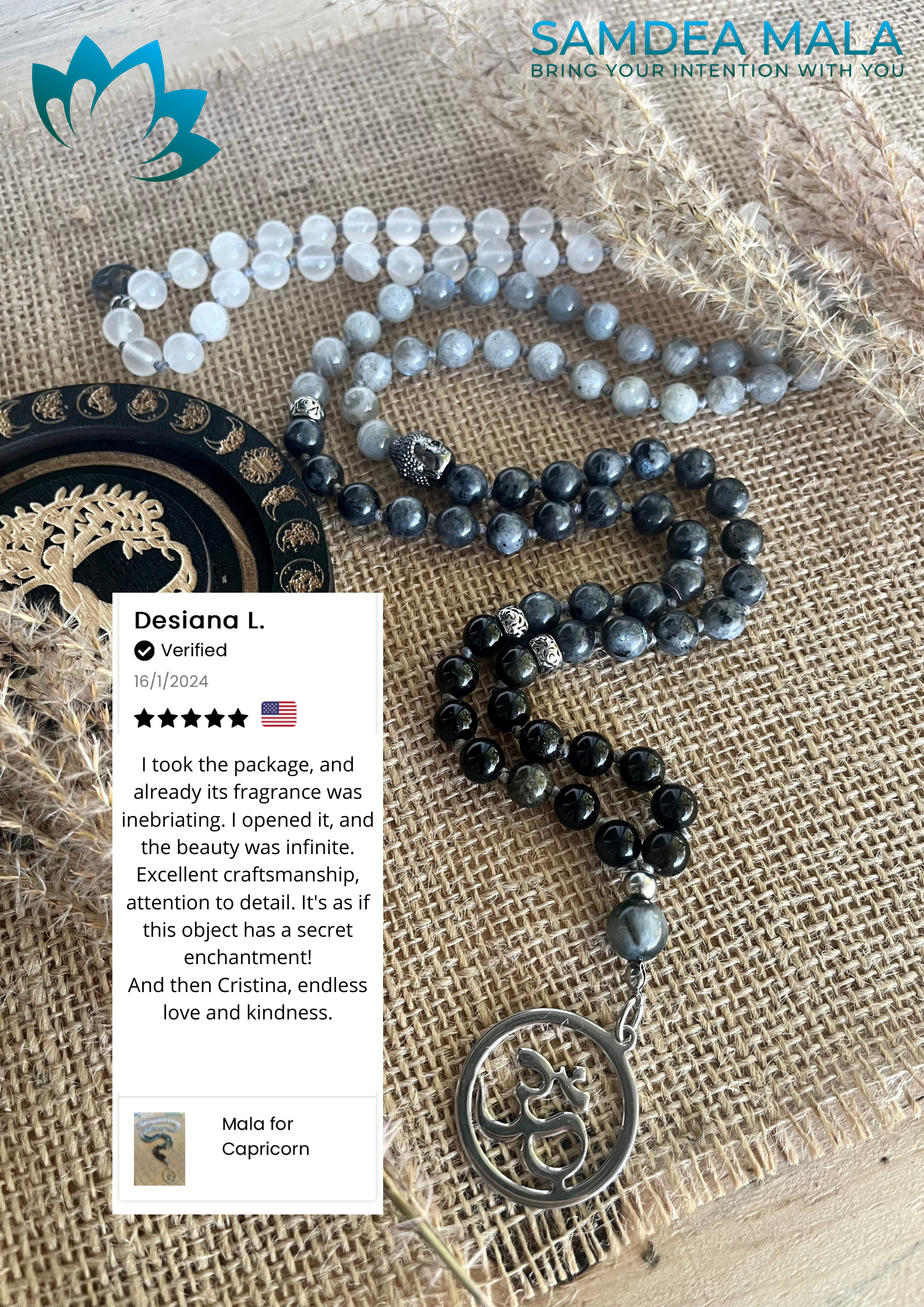Mala Beads Necklace Handmade – Capricorn Mala in Obsidian, Labradorite & Selenite - meditation bracelet, intention bracelets, custom mala, tibetan wrist mala, energy crystals bracelets, spiritual mala, bracelets with crystals, custom mala bracelet, natural gemstones bracelets - Samdea Mala