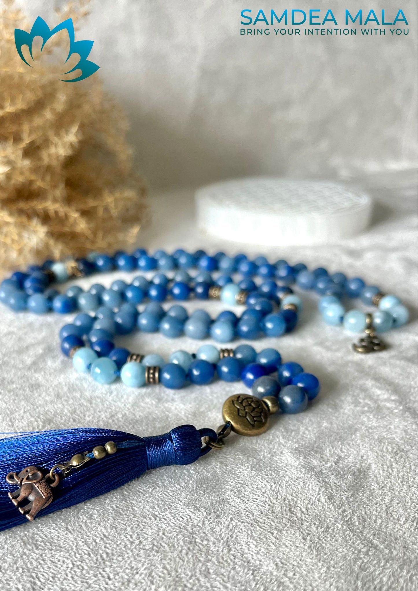 Mala So Ham in Blue Aventurine and Aquamarine - meditation mala beads, 108 necklace, intention mantra so hum - Samdea Mala