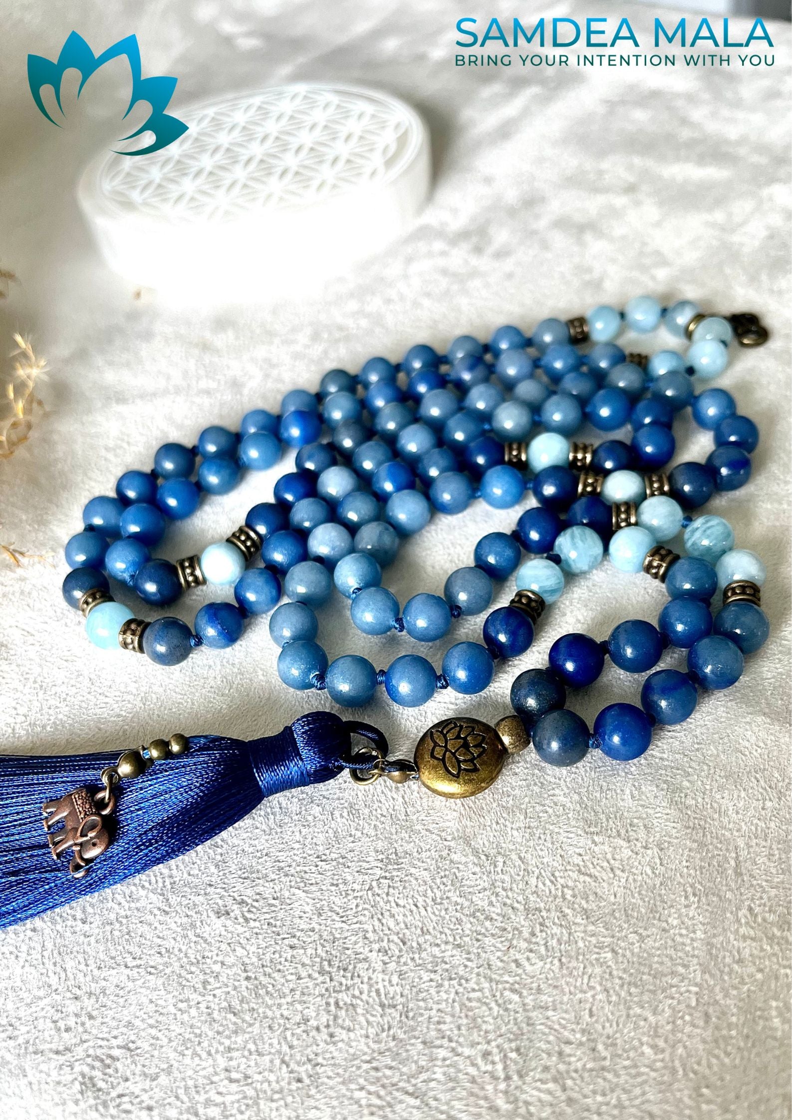 Mala So Ham in Blue Aventurine and Aquamarine - meditation bracelet, intention bracelets, custom mala, tibetan wrist mala, energy crystals bracelets, spiritual mala, bracelets with crystals, custom mala bracelet, natural gemstones bracelets - Samdea Mala