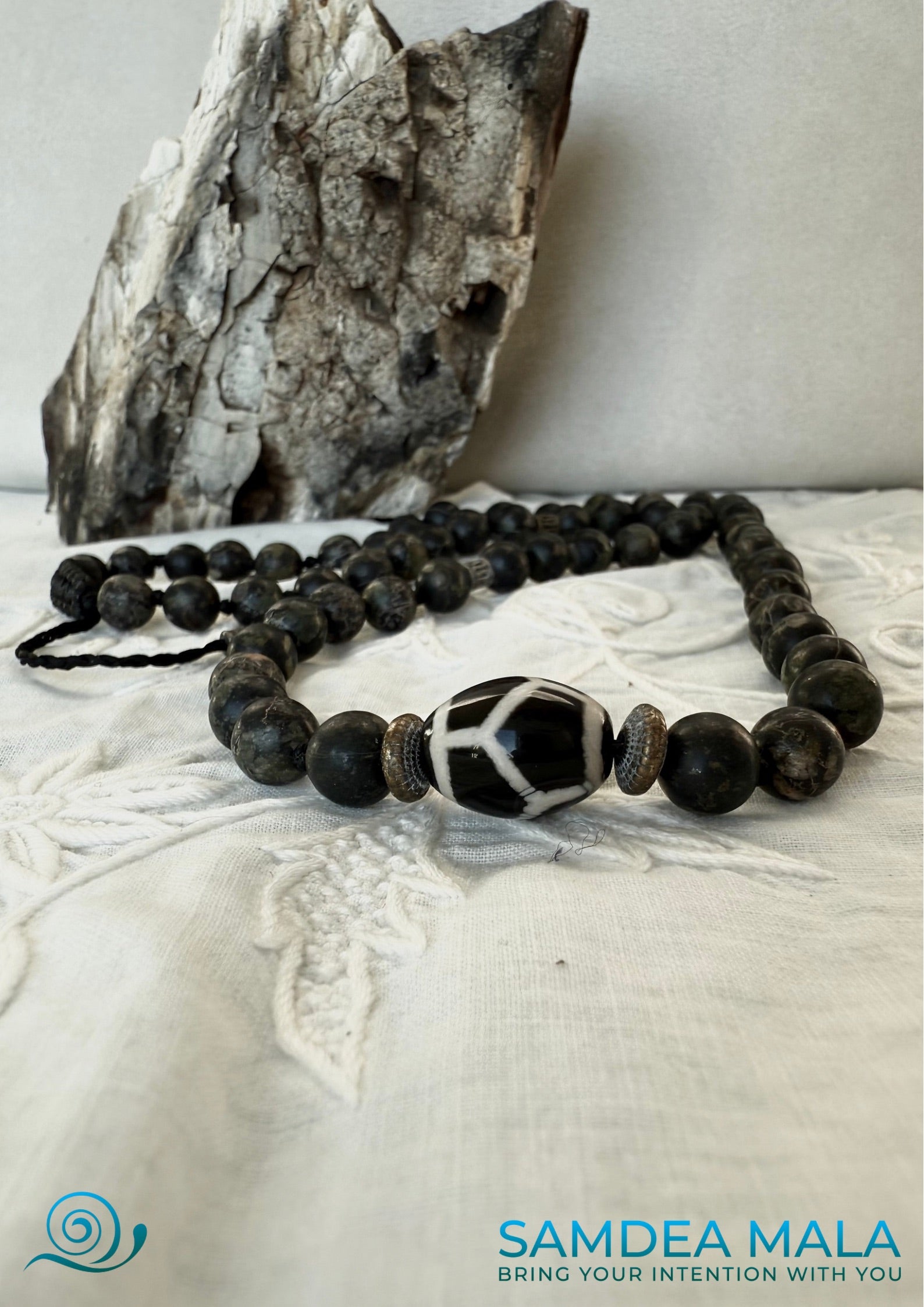 Half Mala and Wrap Bracelet in Natural Plum Blossom Jade – Custom Gemstone Mala Beads Necklace - meditation bracelet, intention bracelets, custom mala, tibetan wrist mala, energy crystals bracelets, spiritual mala, bracelets with crystals, custom mala bracelet, natural gemstones bracelets - Samdea Mala