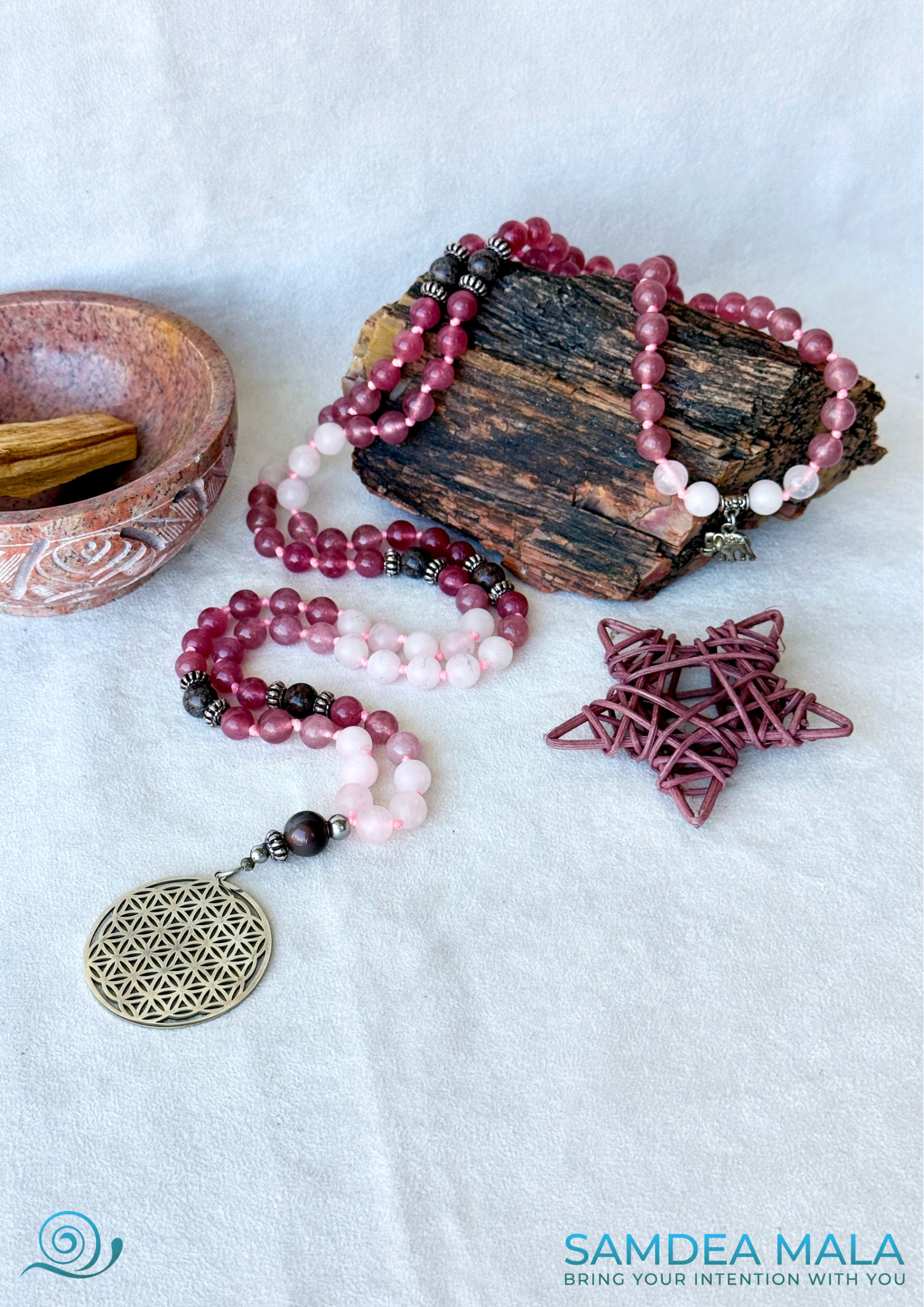 Rose Quartz Mala for Meditation – 108 Bead Mala for Self-Love, Healing and Emotional Balance | Brown Obsidian for Grounding - Samdea Mala