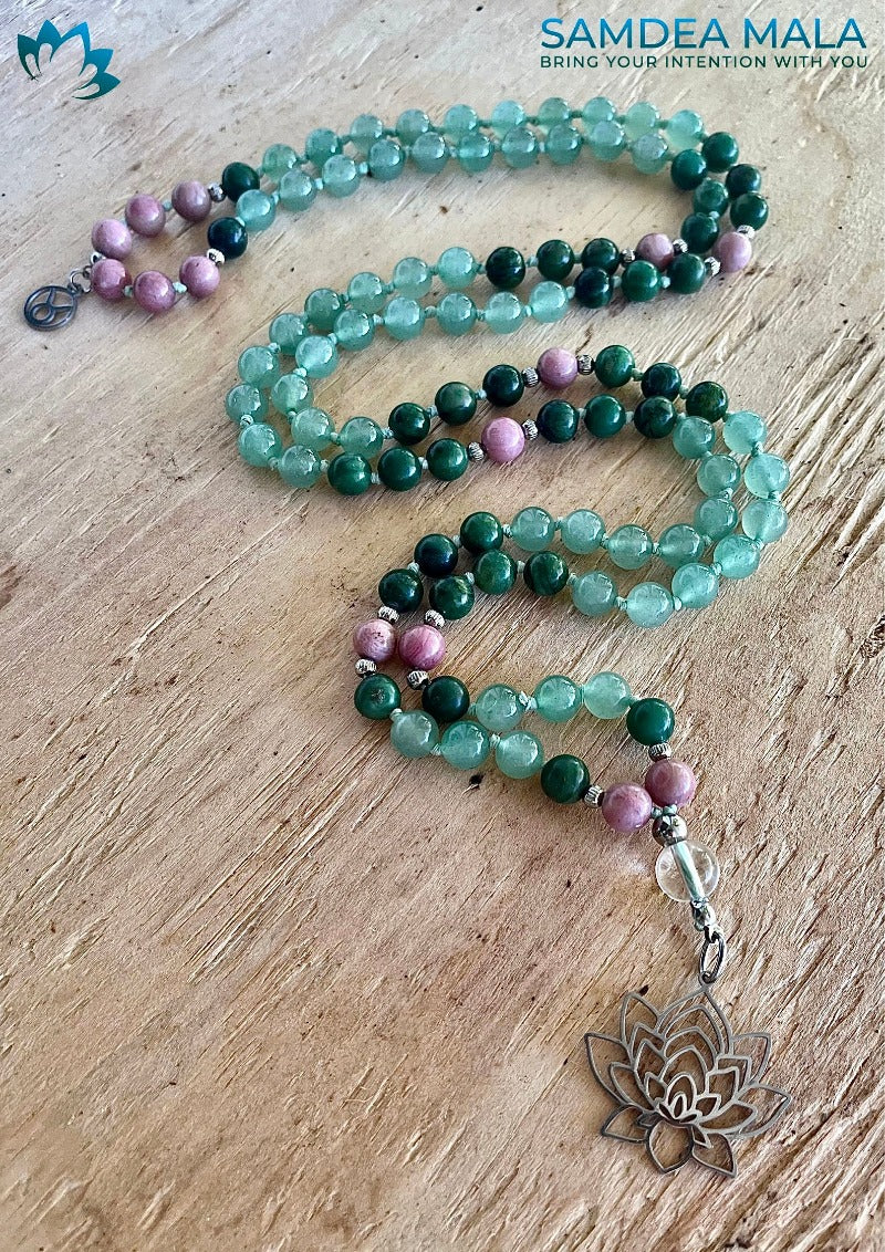 Mala Beads Necklace Handmade – Taurus Mala in Green Aventurine, Jade & Rhodonite - meditation bracelet, intention bracelets, custom mala, tibetan wrist mala, energy crystals bracelets, spiritual mala, bracelets with crystals, custom mala bracelet, natural gemstones bracelets - Samdea Mala