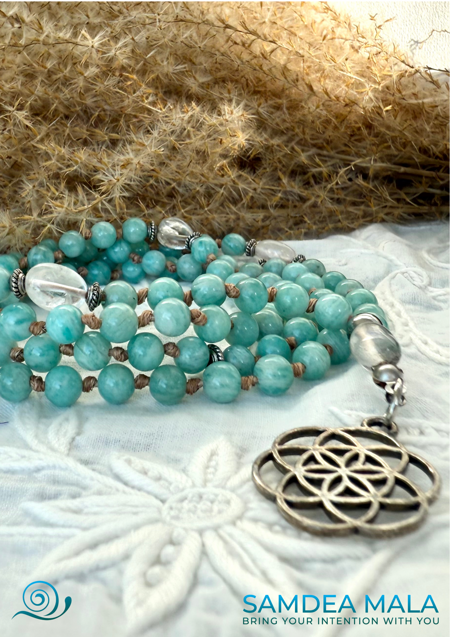 Amazonite Mala Beads Necklace Handmade – Mini Mala with Clear Quartz & Seed of Life Pendant - meditation bracelet, intention bracelets, custom mala, tibetan wrist mala, energy crystals bracelets, spiritual mala, bracelets with crystals, custom mala bracelet, natural gemstones bracelets - Samdea Mala