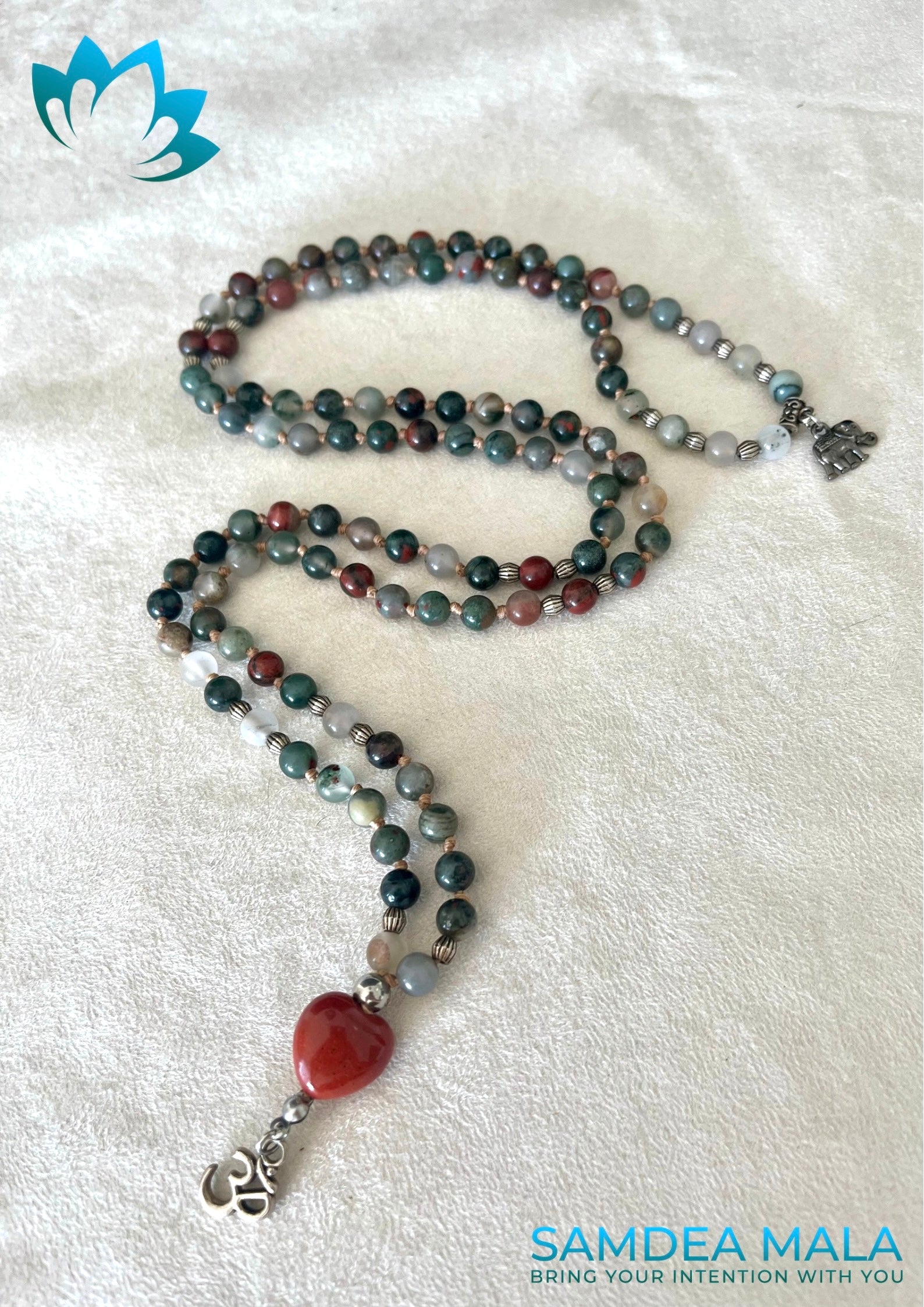 Mini Mala in Heliotrope with a Red Jasper Heart - meditation beads, intention 108 necklace, custom mala, energy crystals, spiritual mala, spiritual necklace with crystals, custom mala bracelet, natural gemstones mala beads - Samdea Mala