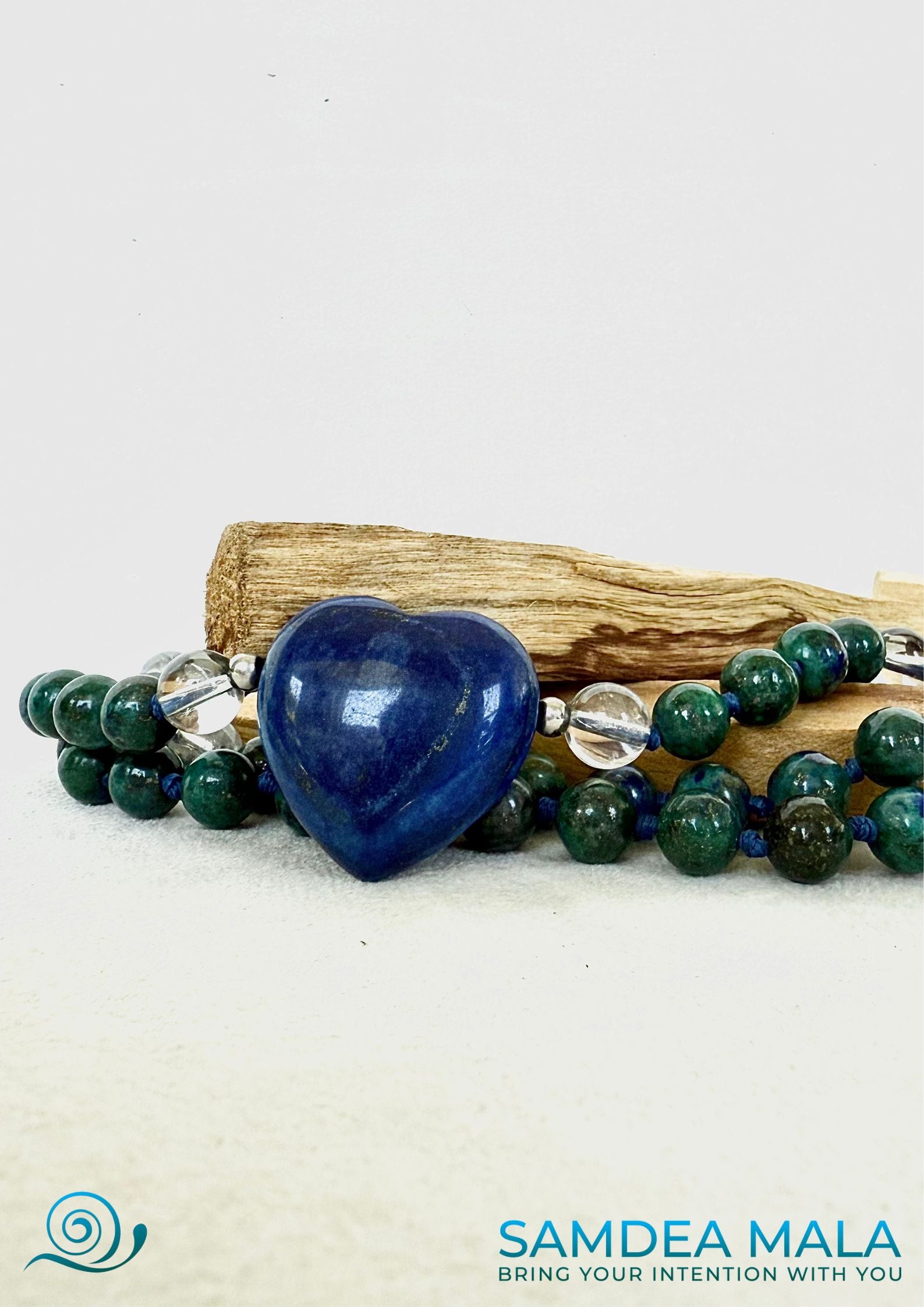 Samdea Mala in chrysocolla, lapis lazuli and quartz with heart-shaped Meru, Short meditation mala, reflecting spiritual natural gemstones beads.