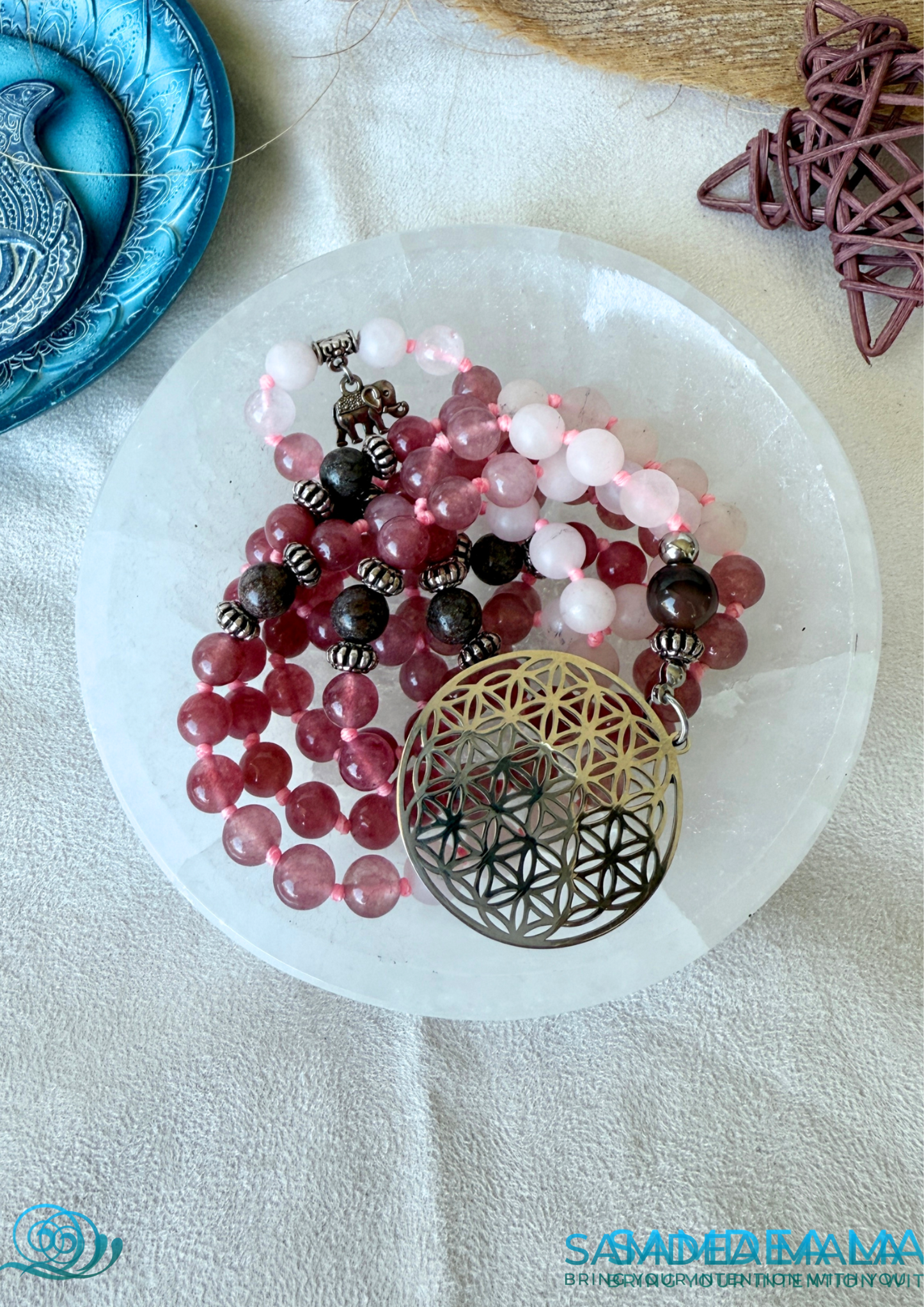 Rose Quartz Mala for Meditation – 108 Bead Mala for Self-Love, Healing and Emotional Balance | Brown Obsidian for Grounding - Samdea Mala