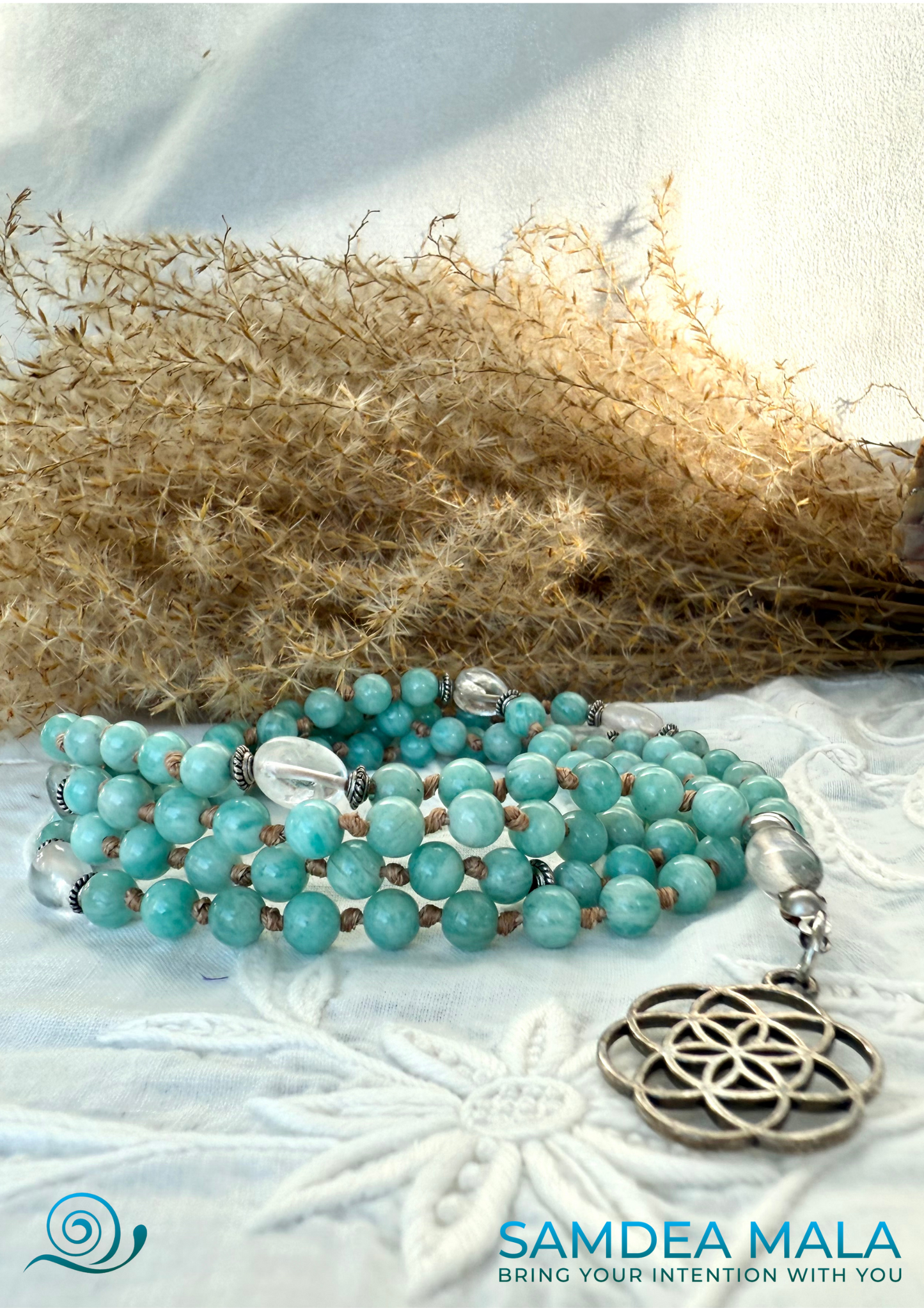 Amazonite Mala Beads Necklace Handmade – Mini Mala with Clear Quartz & Seed of Life Pendant - meditation bracelet, intention bracelets, custom mala, tibetan wrist mala, energy crystals bracelets, spiritual mala, bracelets with crystals, custom mala bracelet, natural gemstones bracelets - Samdea Mala