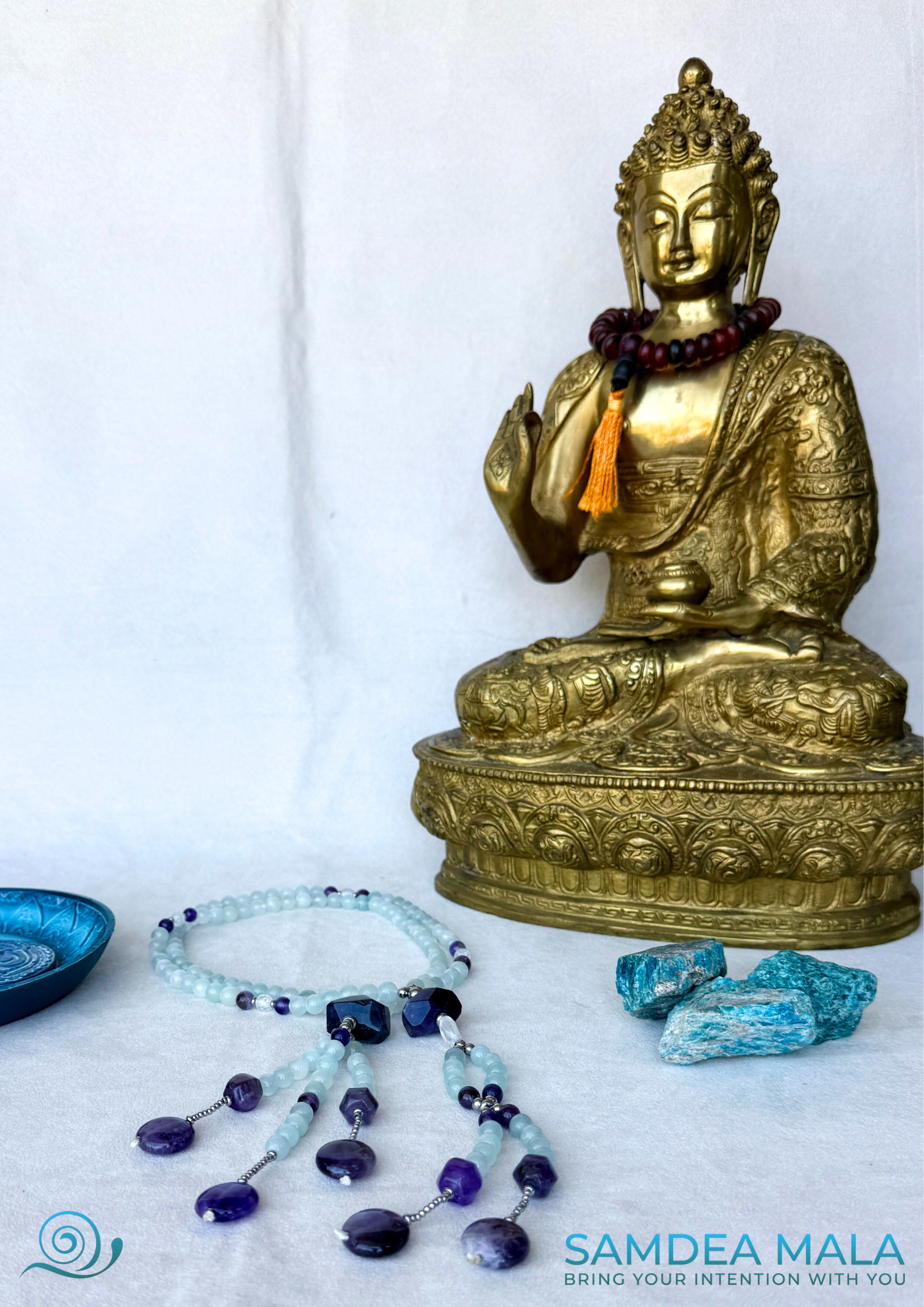 Samdea Nichiren Juzu prayer beads handmade with aquamarine and amethyst, designed for chanting Nam Myoho Renge Kyo SGI.