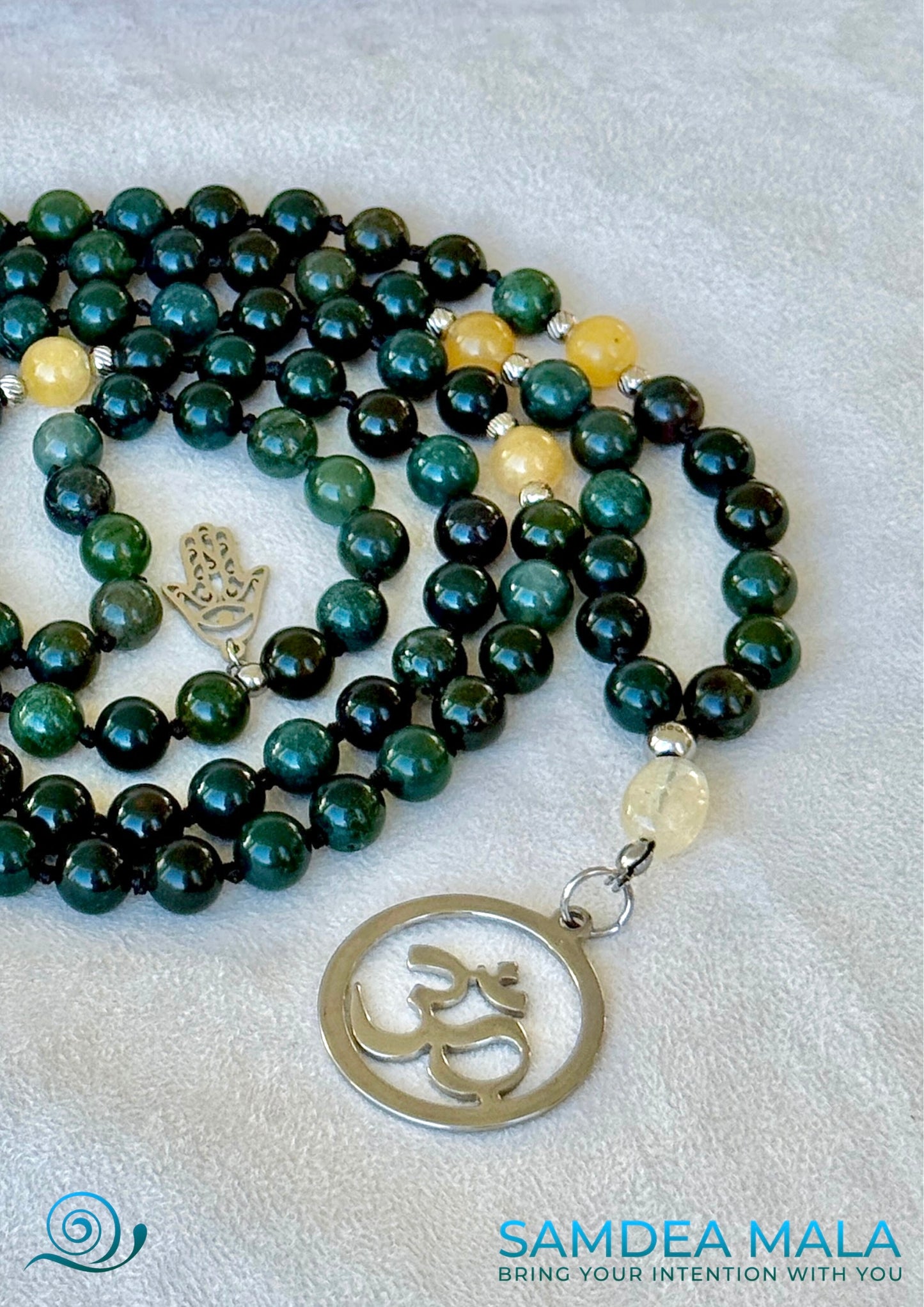 Natural moss agate and yellow jade beads close-up – green mala 8mm stones hand-knotted on durable cord