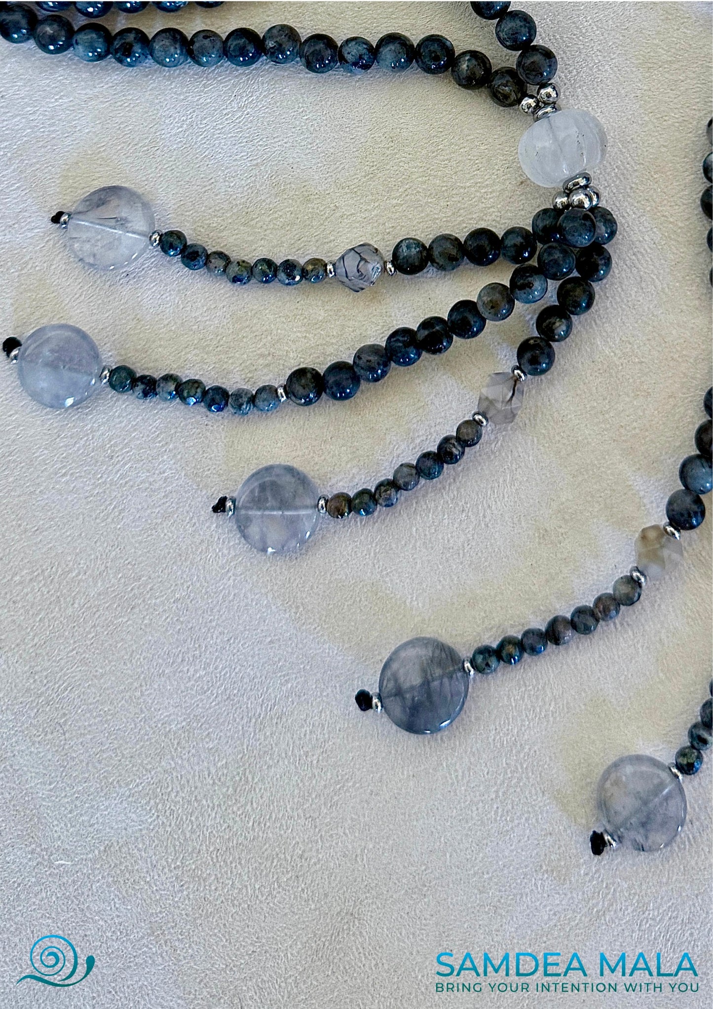 Labradorite beads showing blue-green sheen on Nichiren prayer beads strand close up