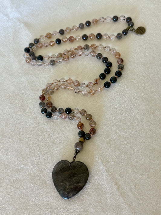 One-of-a-kind 108 bead Herkimer diamond and black tourmaline mala with Job’s tears seed meru and pyrite heart pendant, handmade by Samdea