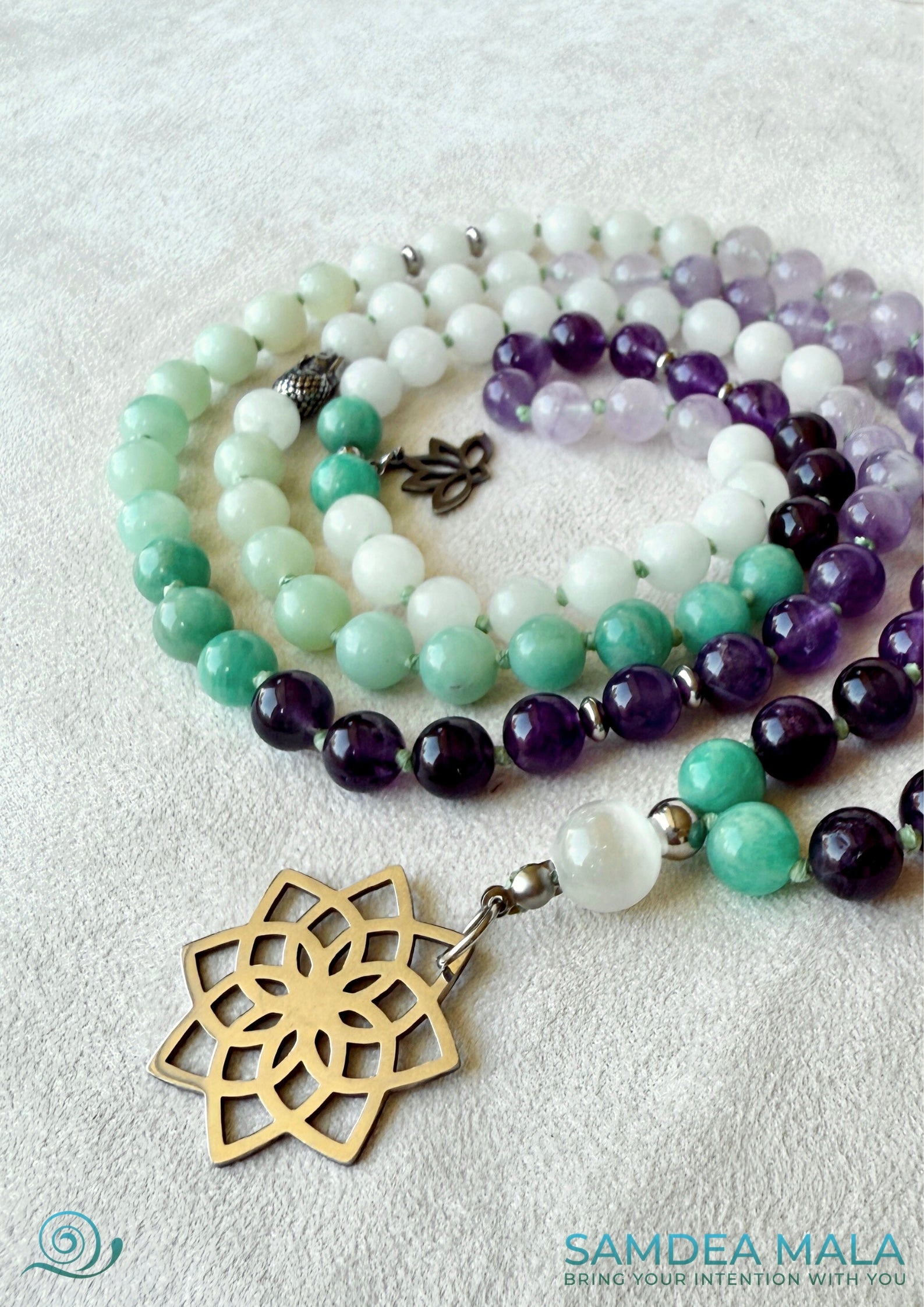 Sacred mala beads with soft green, lavender and white tones – perfect mindfulness gift. Mala for Pisces Zodiac Sign