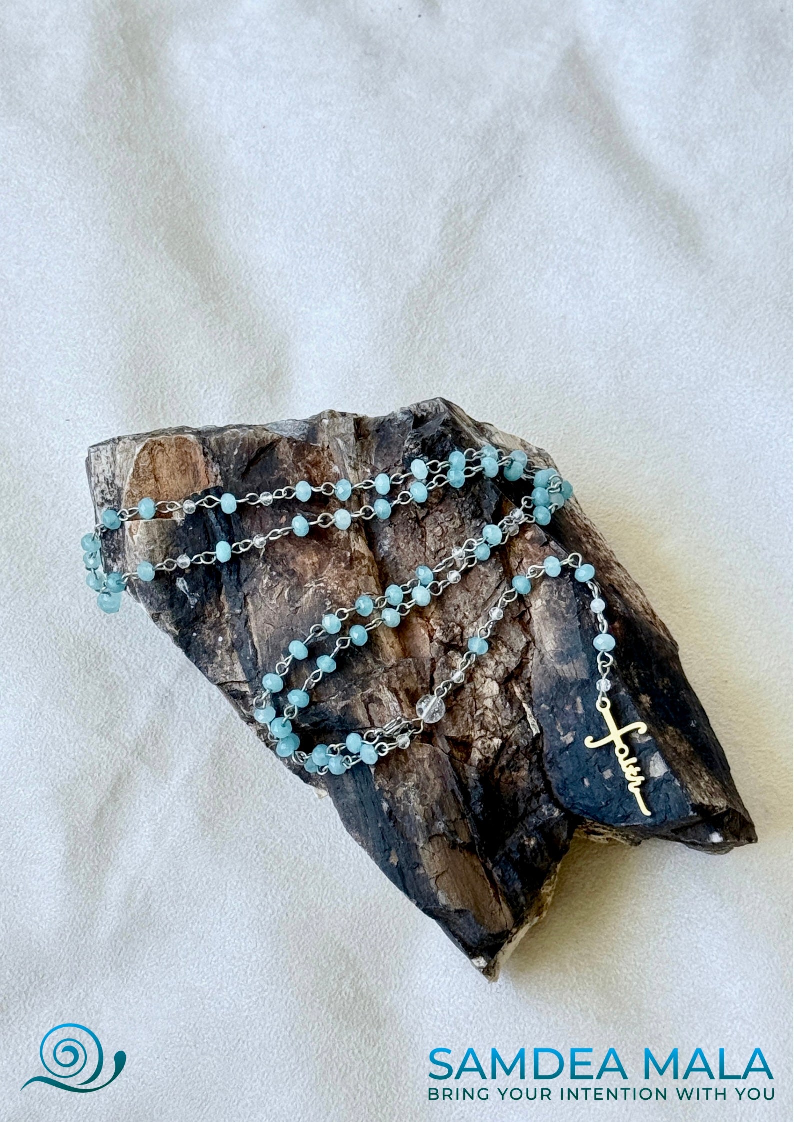 Roman Catholic rosary with aquamarine and clear quartz, handcrafted with stainless steel cross. Prayer necklace on a petrified wood stone, wearable rosary, rosary jewelry, rosary gift, spiritual jewelry, handmade rosary, crystal rosary, clear quartz, catholic beads, devotion gift, gemstone rosary.