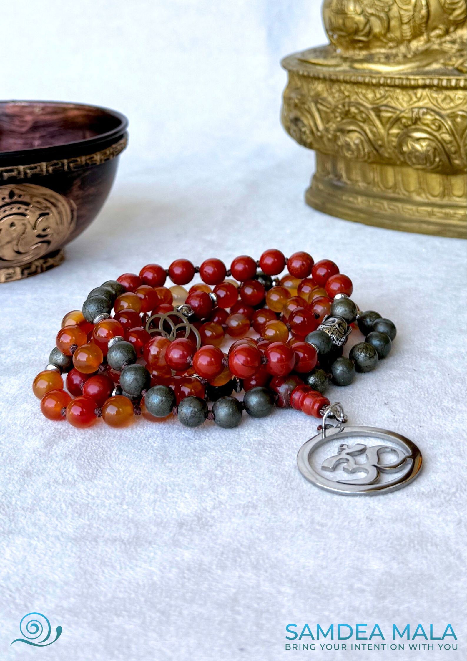Grounding Mala Necklace – Red Jasper, Carnelian, Pyrite | 108 Beads for Courage, Vitality & Inner Strength | Root_Chakra_Mala for mediation and mindfulness - zodiac sign Aries
