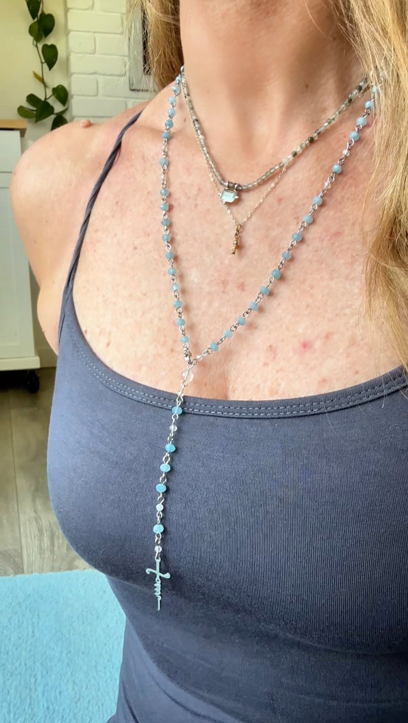 Rosary worn as a necklace, Traditional Catholic rosary with aquamarine and clear quartz, Classic Roman Catholic rosary, handmade with stainless steel cross "faith". Prayer necklace, wearable rosary, rosary jewelry, rosary gift, spiritual jewelry, handmade rosary, crystal rosary, clear quartz, catholic beads, devotion gift, gemstone rosary.