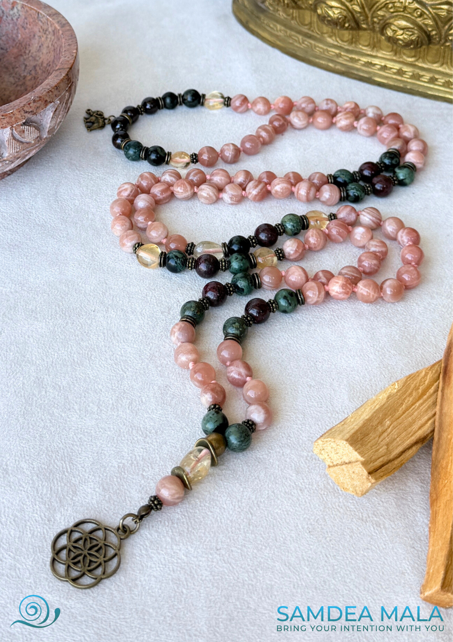 Sun Mala for meditation with Sunstone, Citrine, Garnet, and Jasper with seed of life pendant, for energy and light in your spiritual journey of mindfullness, 108 mala necklace