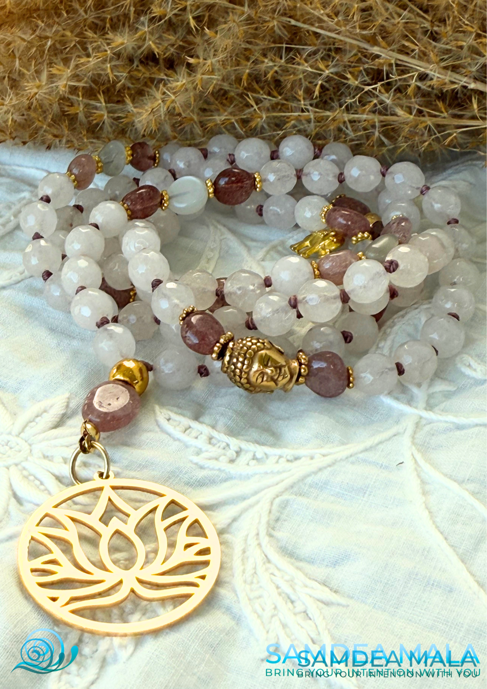 Rose Quartz and Strawberry Quartz mala necklace with lotus pendant for emotional healing and self-love. Samdea Mala