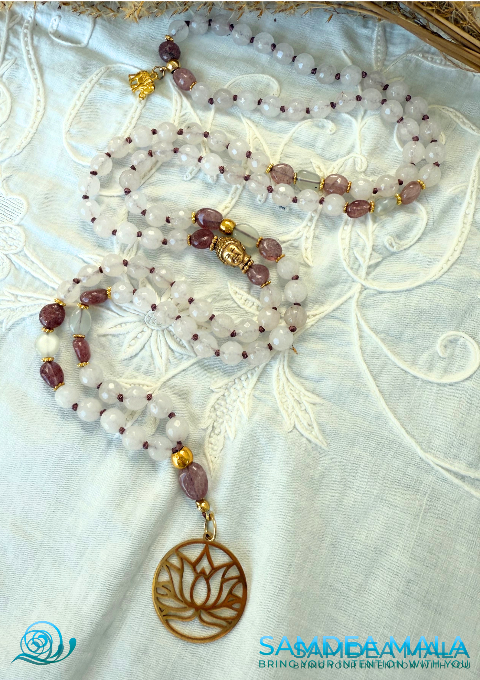 full view of Meditation beads in soft pink gemstones, perfect for emotional balance and inner peace, with lotus pendand, Buddha and elephant small charm.