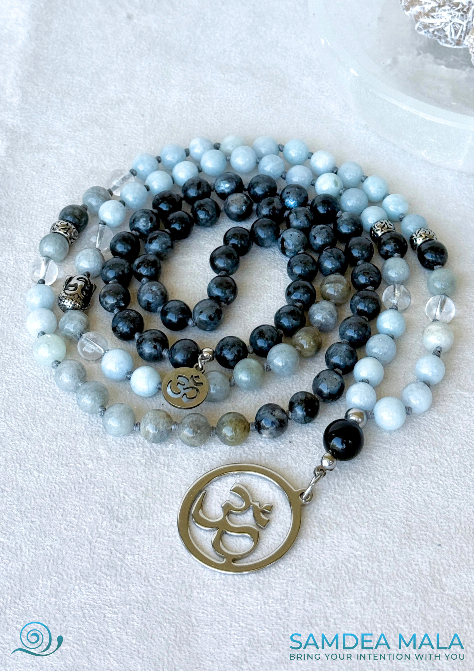 Sacred Mala necklace in blue Aquamarine and grey Labradorite | Hand Knotted 108 Beads for Meditation and mindfulness - om charm - full view of mala for Aquarius zodiac sign