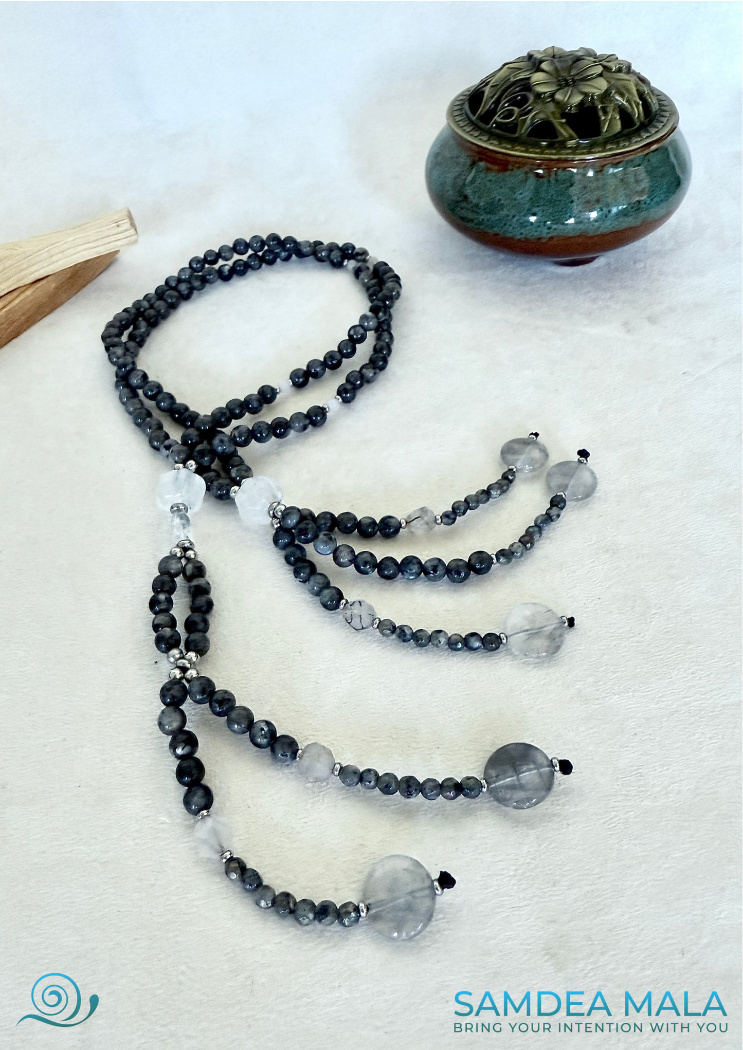 Samdea Mala Nichiren Juzu with larvikite, labradorite, clear quartz, white jade Bodhisattva, prayer beads for meditation
